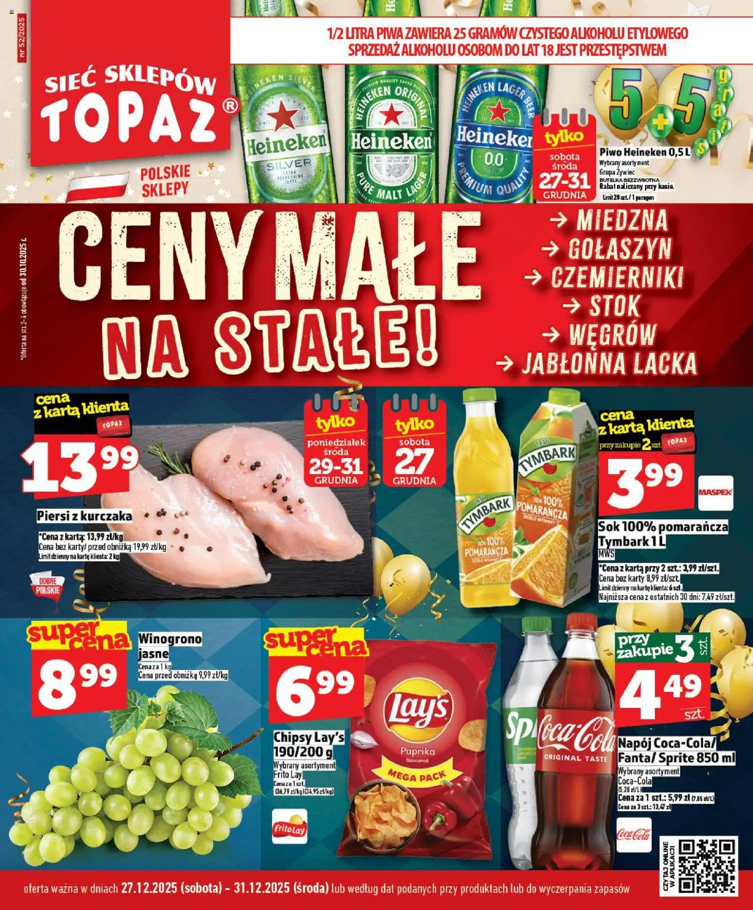 Topaz Gazetka - Ceny małe na stałe od 27.12.2025 | Strona: 1 | Produkty: Chipsy, Winogrono, Piersi, Heineken