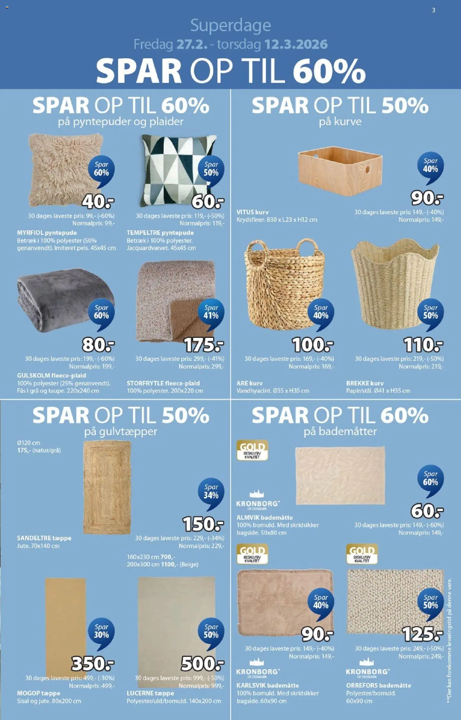 JYSK tilbudsavis – gyldig fra 27.02.2026 | Side: 3 | Produkter: Tæppe, Kurv, Bademåtte