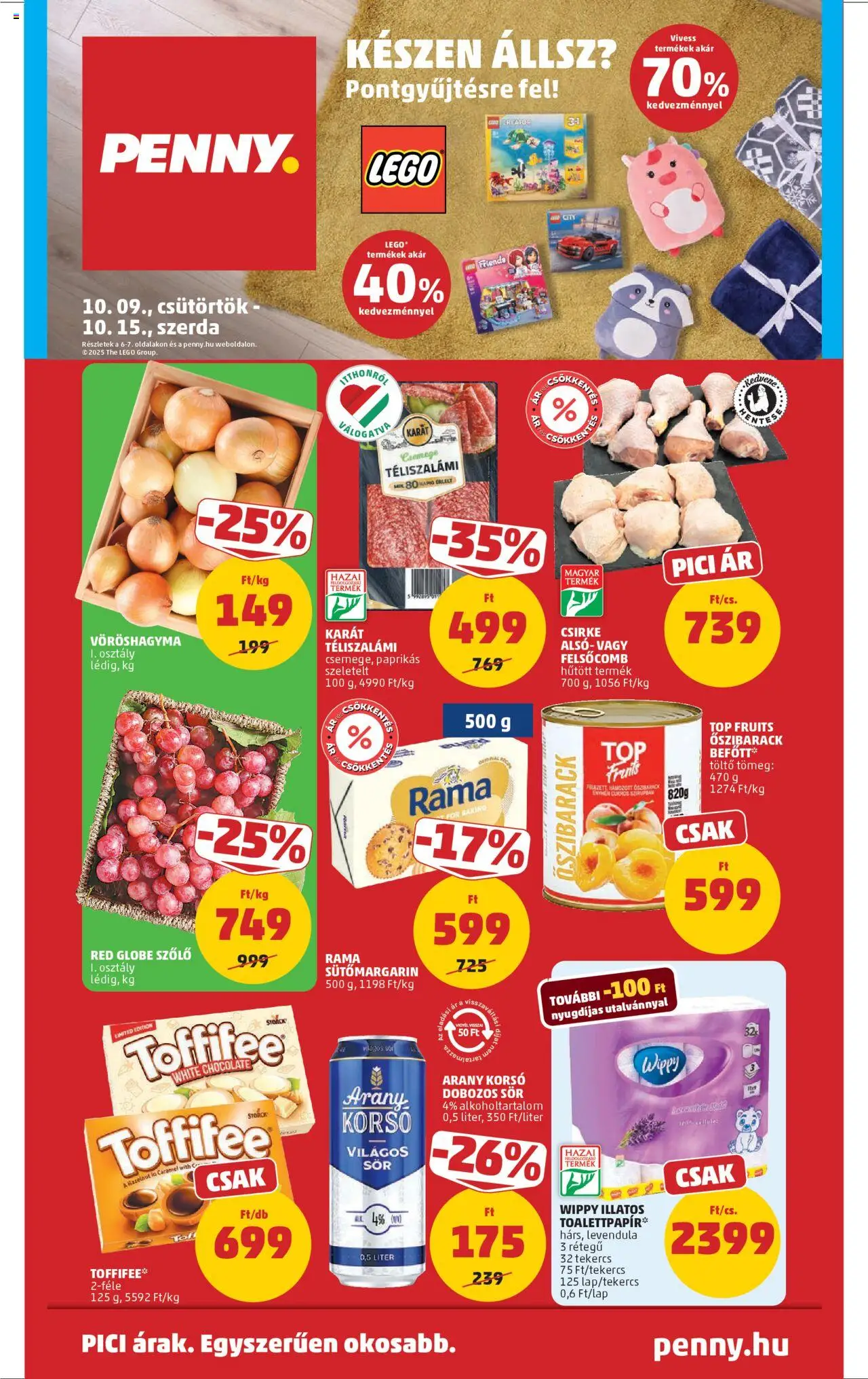 PENNY akciós ujság - amely érvényes a következő dátumtól: 09.10.2025 | Oldal: 1 | Termékek: Vöröshagyma, Rama, Toffifee, Sör