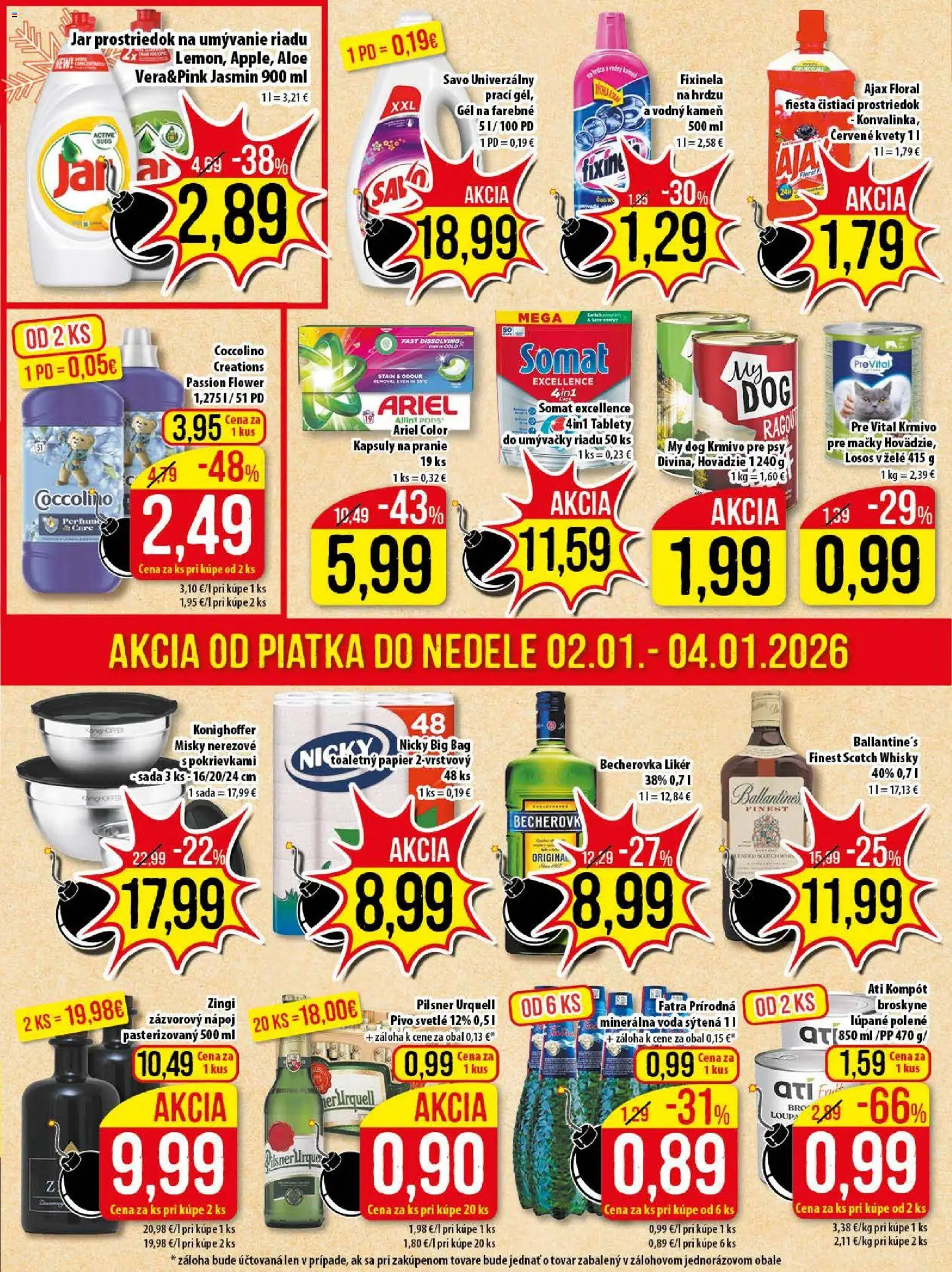 Nové Klas akcie – leták je platný od 29.12.2025 | Strana: 23 | Produkty: Pivo, Pilsner Urquell, Voda, Coccolino