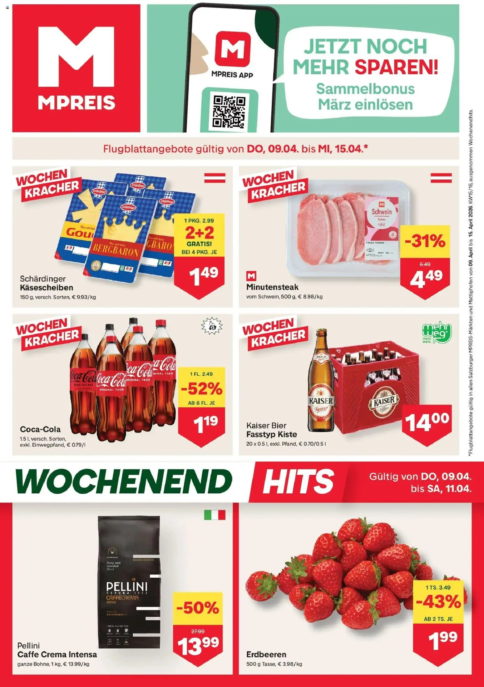 MPREIS Saalbach gültig ab 09.04.2026 | Seite: 1 | Produkte: Erdbeeren, Zucker, Bier