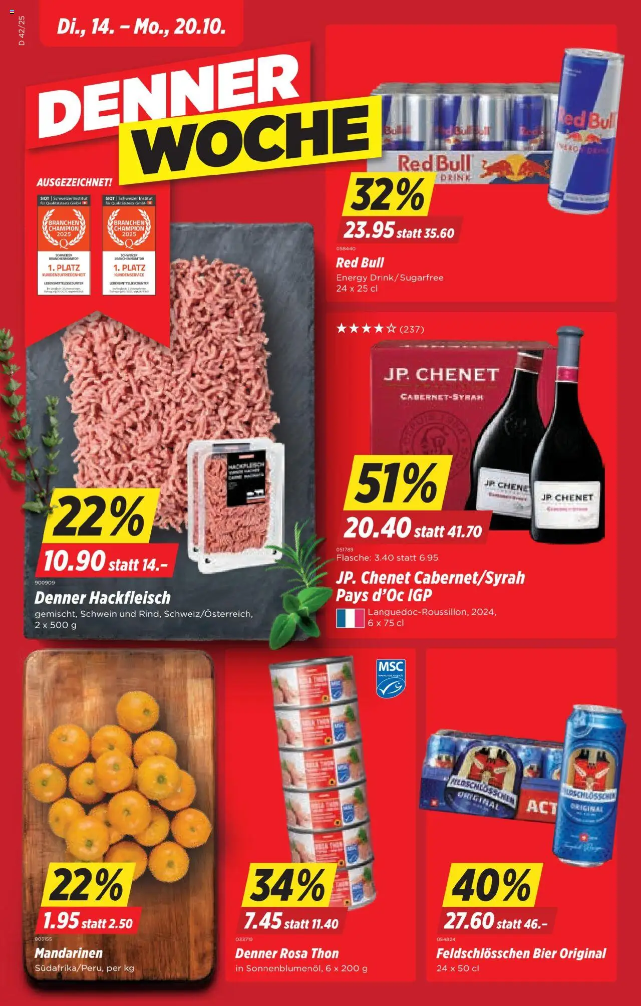 Denner Aktionen – gültig ab 14.10.2025 | Seite: 1 | Produkte: Red bull, Bier, Mandarinen