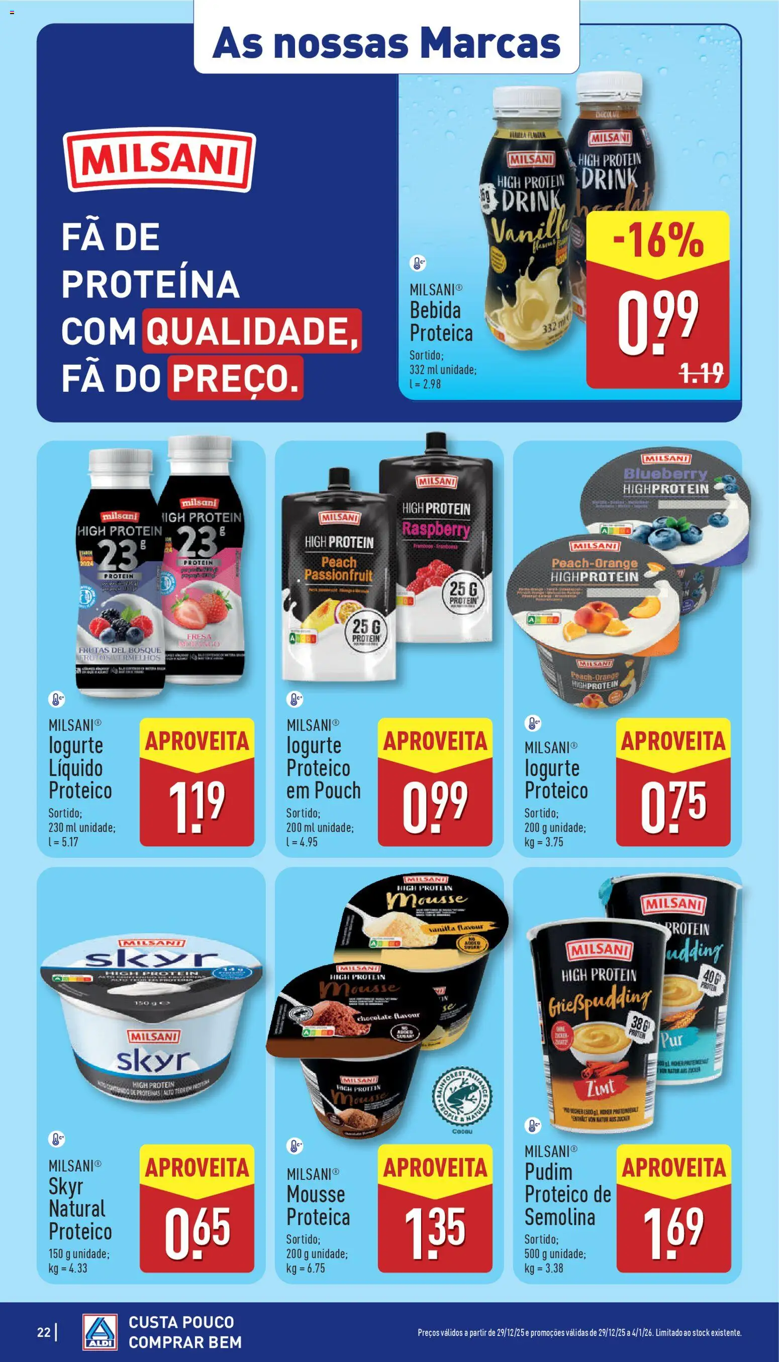 Aldi folheto │ válido de 29.12.2025 | Página: 22 | Produtos: Pudim, Chocolate, Bebida, Proteina