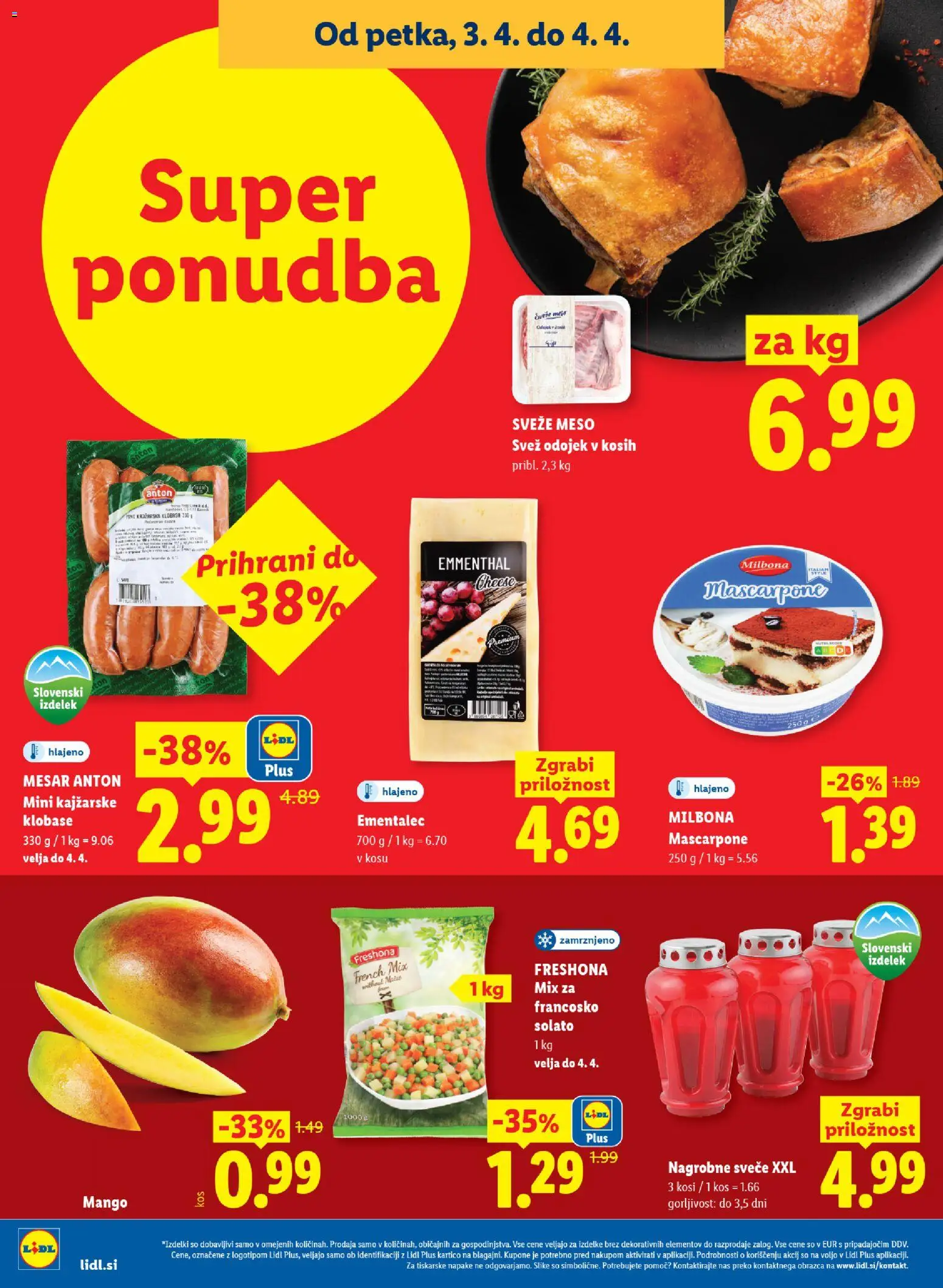 Novi Lidl katalog ponudbe – veljaven od 02.04.2026 | Stran: 42 | Izdelki: Ementalec, Kos, Mango, Klobase