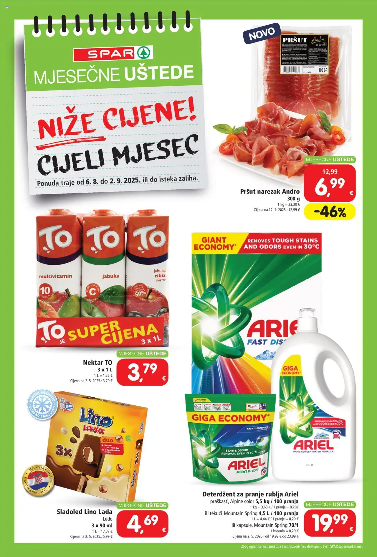 Spar katalog | vrijedi od 06.08.2025 | Stranica: 1 | Proizvodi: Lino Lada, Pršut, Deterdžent, Jabuka