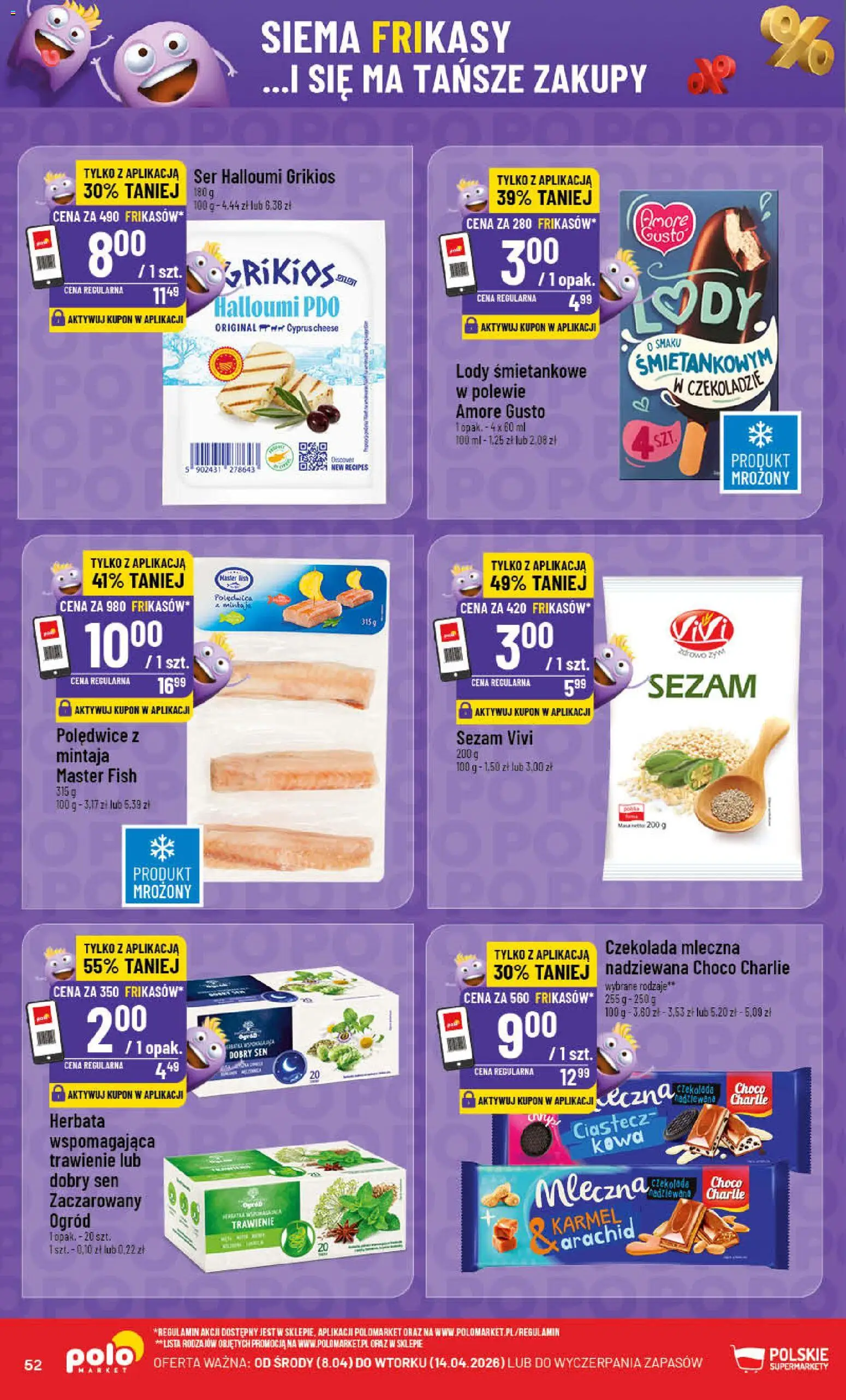POLOmarket gazetka od 08.04.2026 | Strona: 52 | Produkty: Czekolada mleczna, Ser, Lody, Sezam