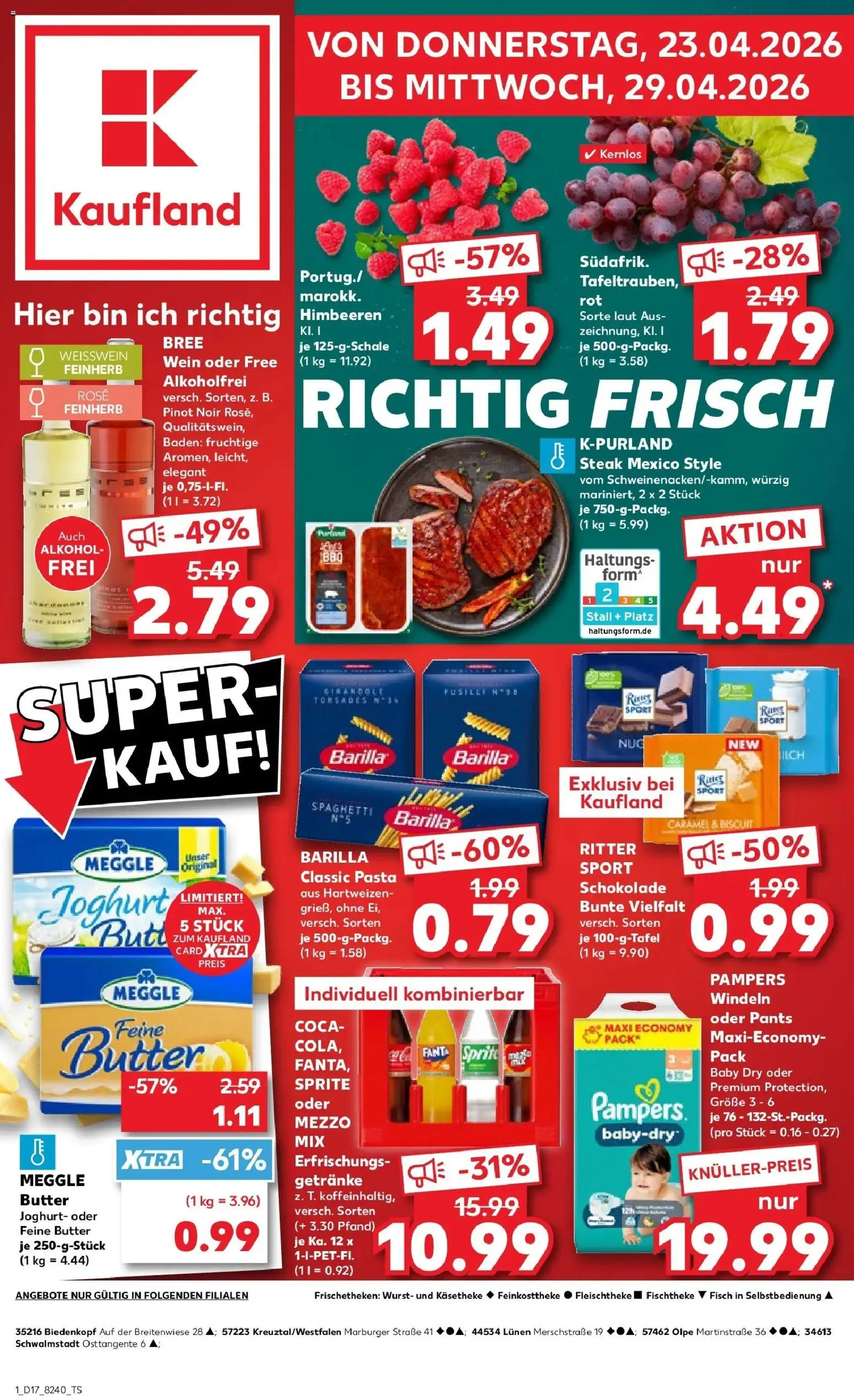 Kaufland Prospekt Biedenkopf	 – gültig ab 23.04.2026 | Seite: 1 | Produkte: Schokolade, Oder mezzo mix, Wein, Steak