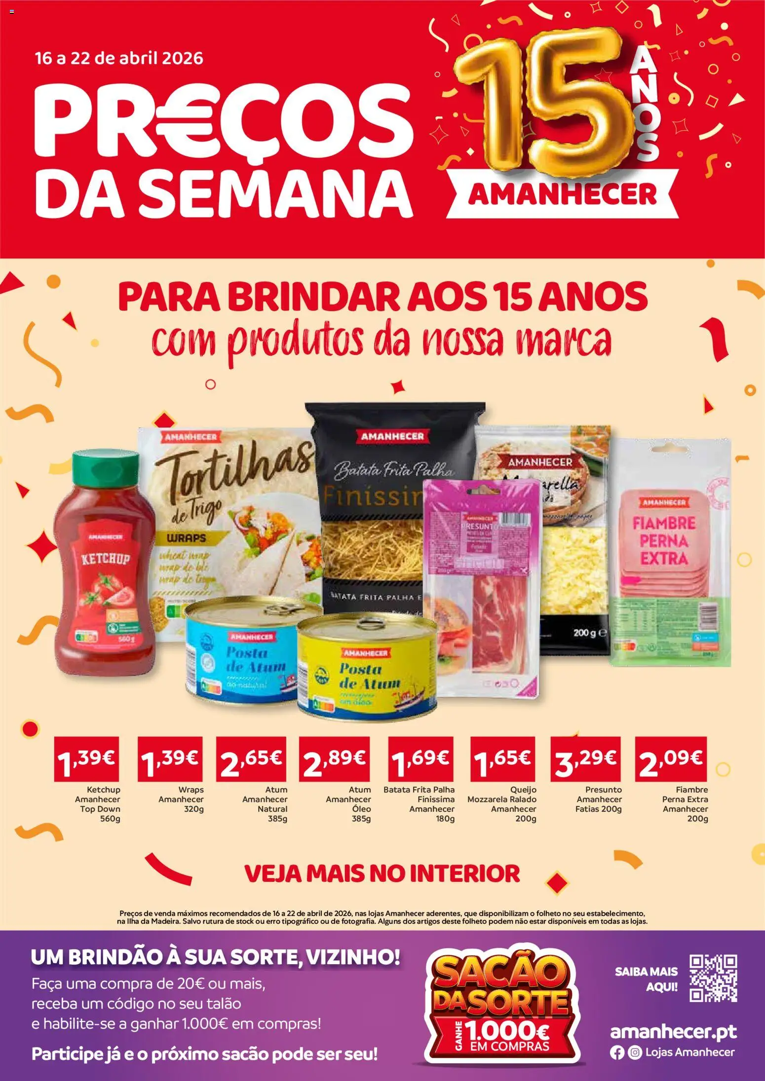 Amanhecer Folheto Madeira │ válido de 16.04.2026 | Página: 1 | Produtos: Faca, Batata frita, Queijo, Presunto