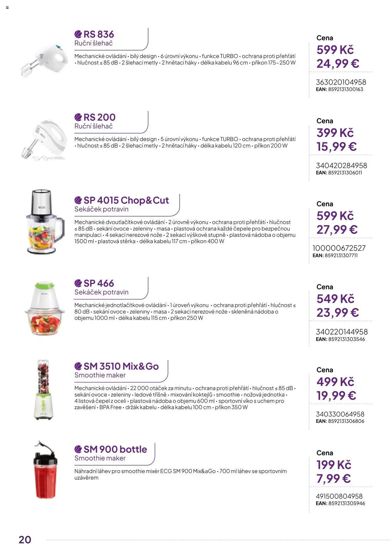 Expert elektro katalog - ECG - Malé domácí spotřebiče od 01.10.2024 | Strana: 20 | Produkty: Nože, Ruční šlehač, Smoothie, Sekáček