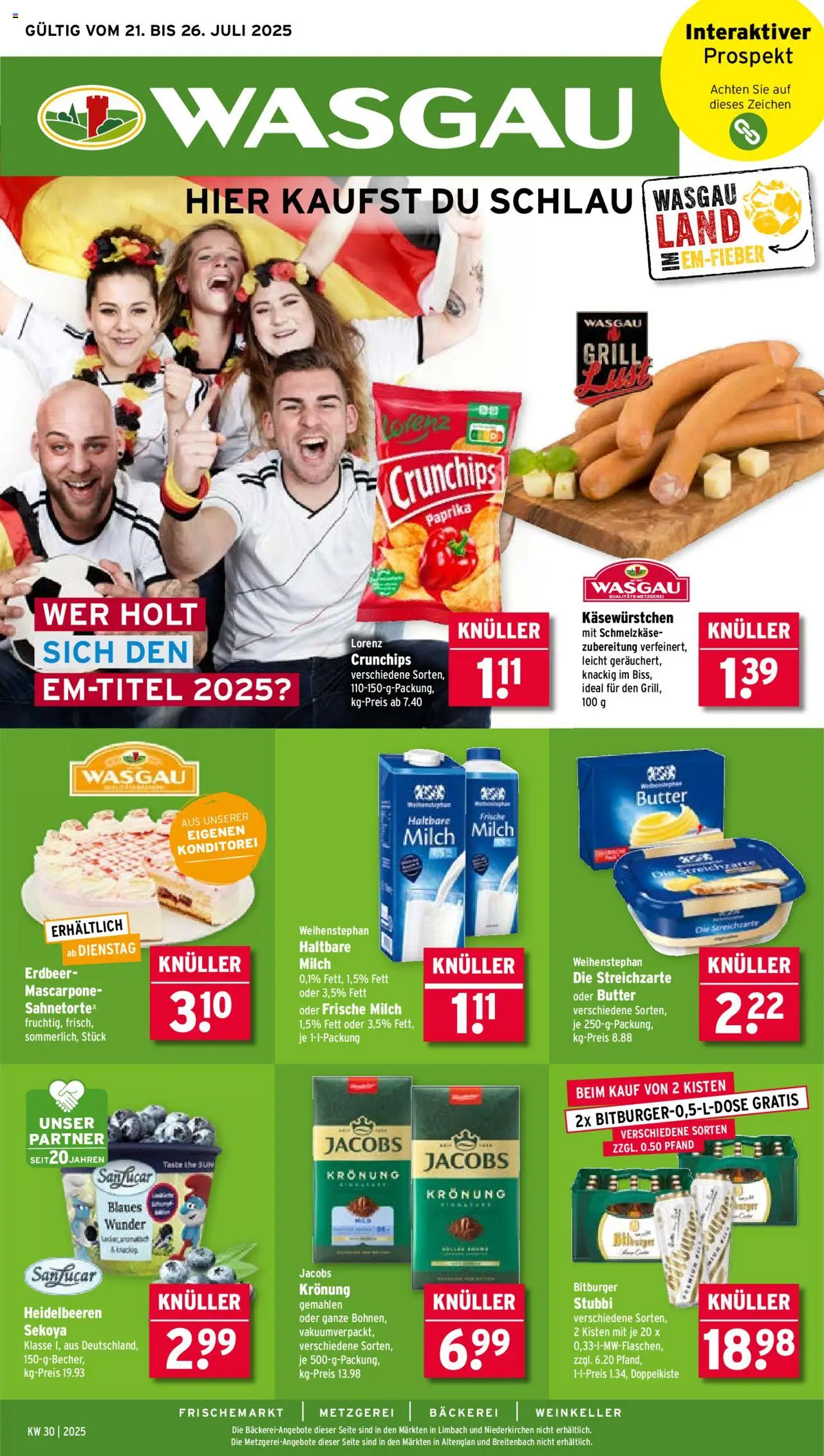 Wasgau Prospekt 	 - gültig ab dem 21.07.2025 | Seite: 1 | Produkte: Milch, Butter, Haltbare milch, Lorenz crunchips
