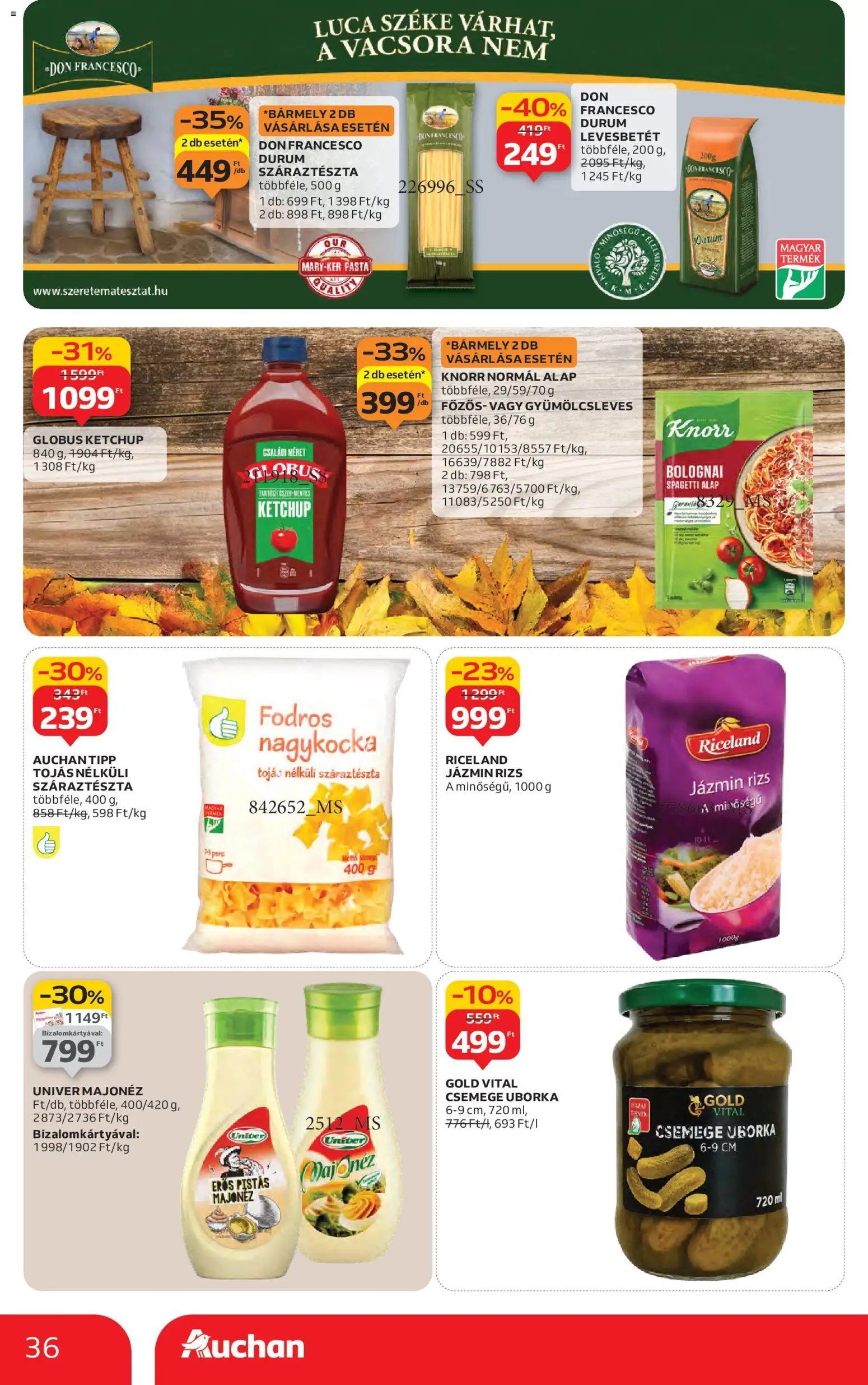 Auchan akciós ujság - amely érvényes a következő dátumtól: 27.11.2025 | Oldal: 36 | Termékek: Jázmin rizs, Rizs, Ketchup, Száraztészta
