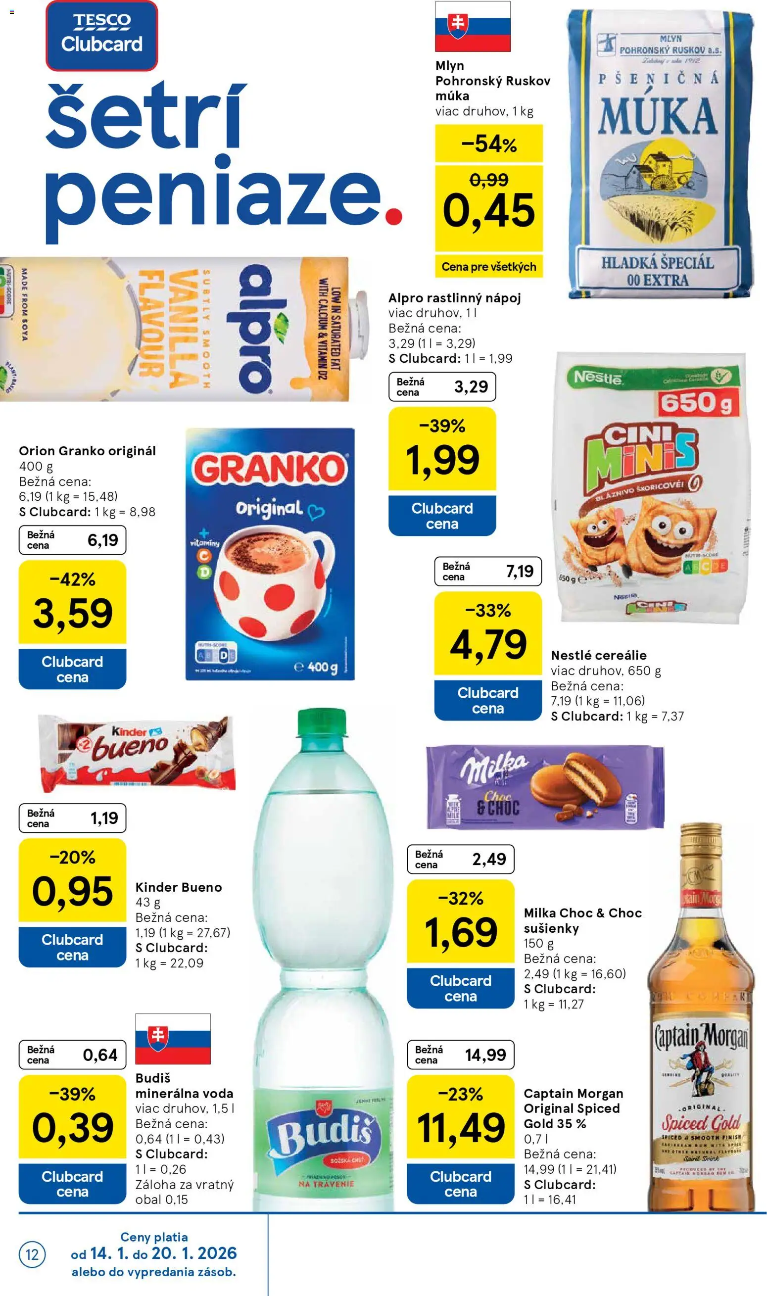 Nové Tesco akcie – leták je platný od 14.01.2026 | Strana: 12 | Produkty: Captain Morgan, Milka, Voda, Rum