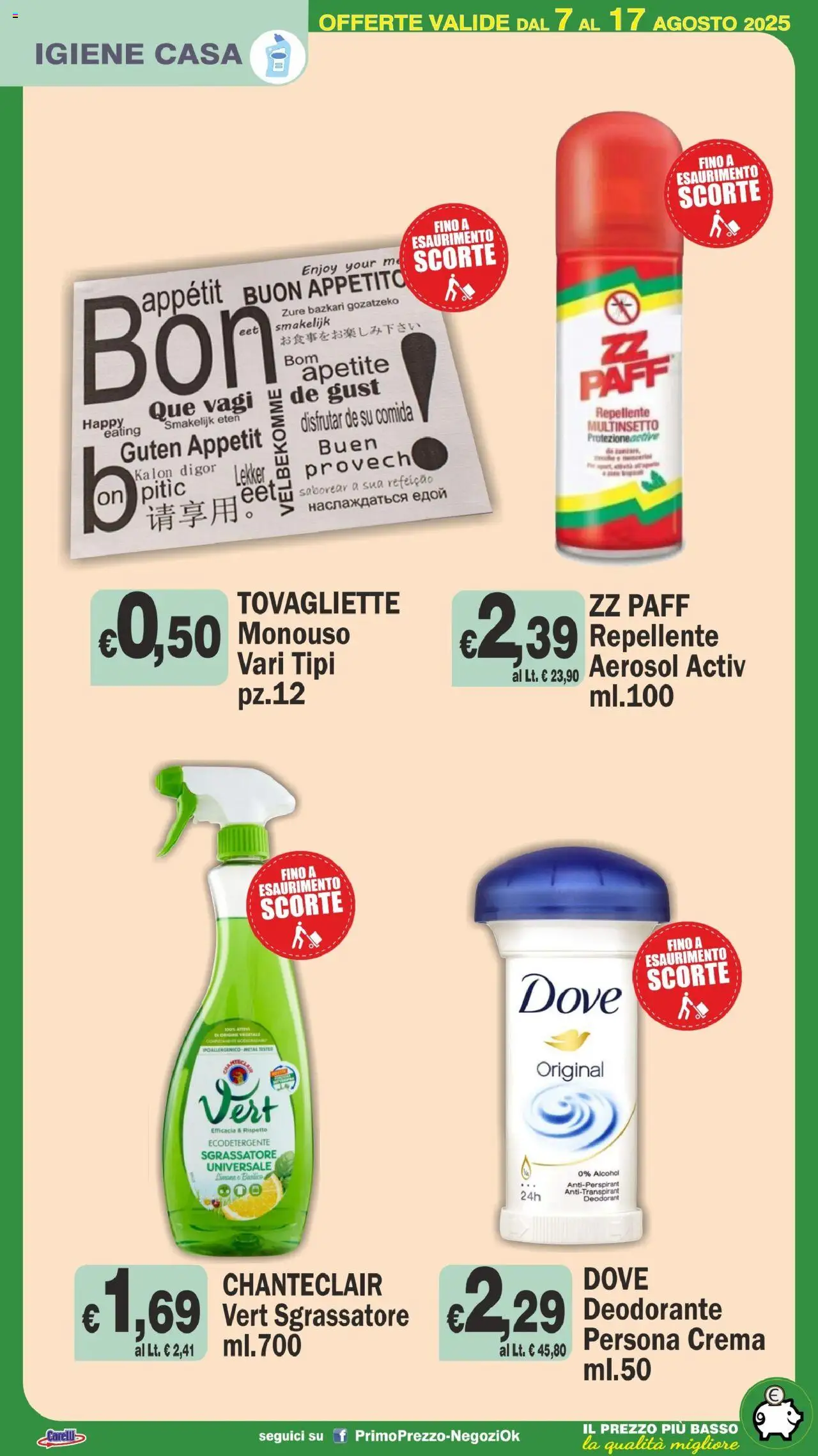Volantino Primo Prezzo del 07.08.2025 | Pagina: 26 | Prodotti: Crema, Deodorante, Sgrassatore, Tovagliette