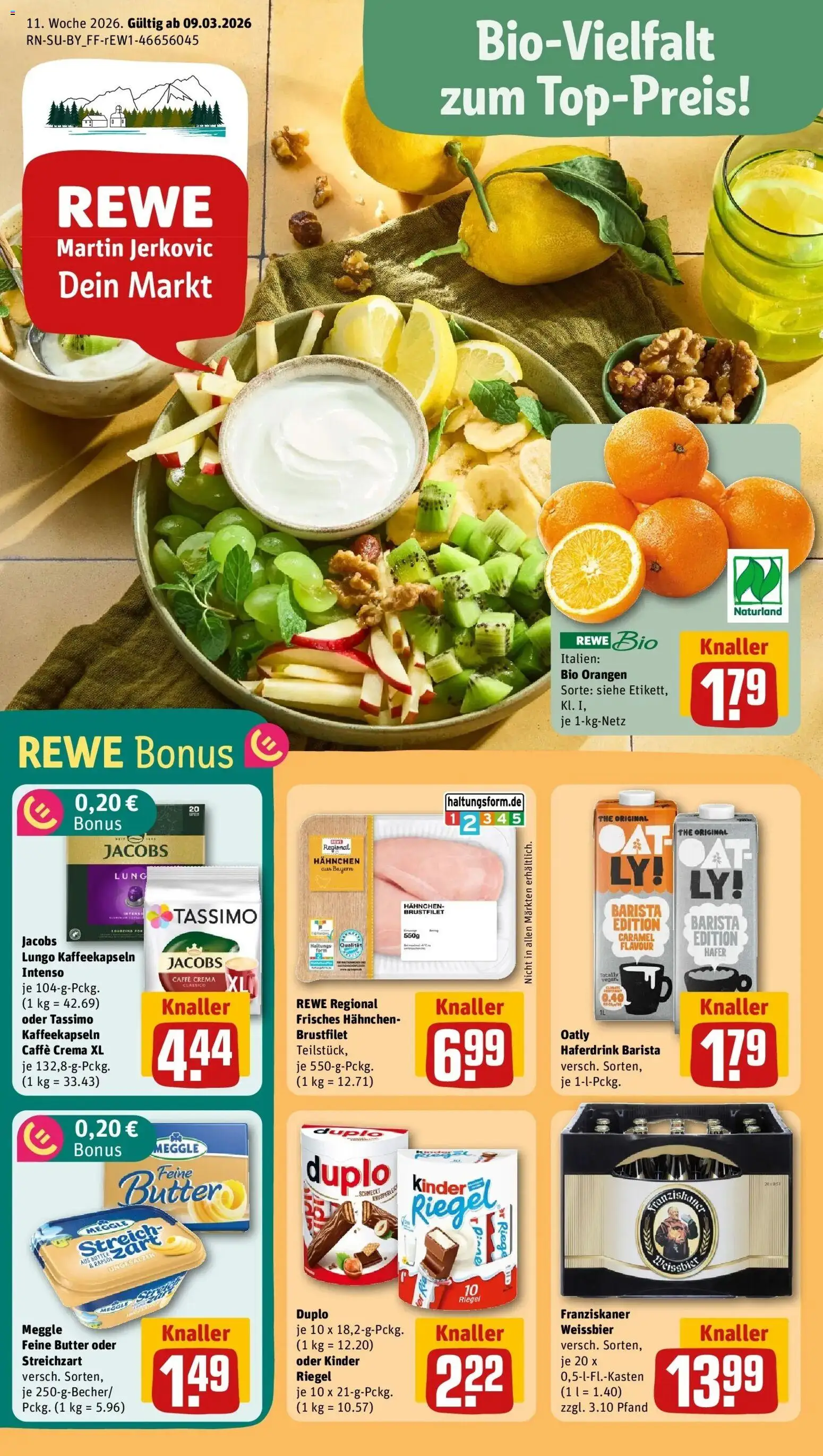 Rewe Prospekt Schönau	 – gültig ab 09.03.2026 | Seite: 1 | Produkte: Franziskaner, Hahnchen, Orangen, Oatly