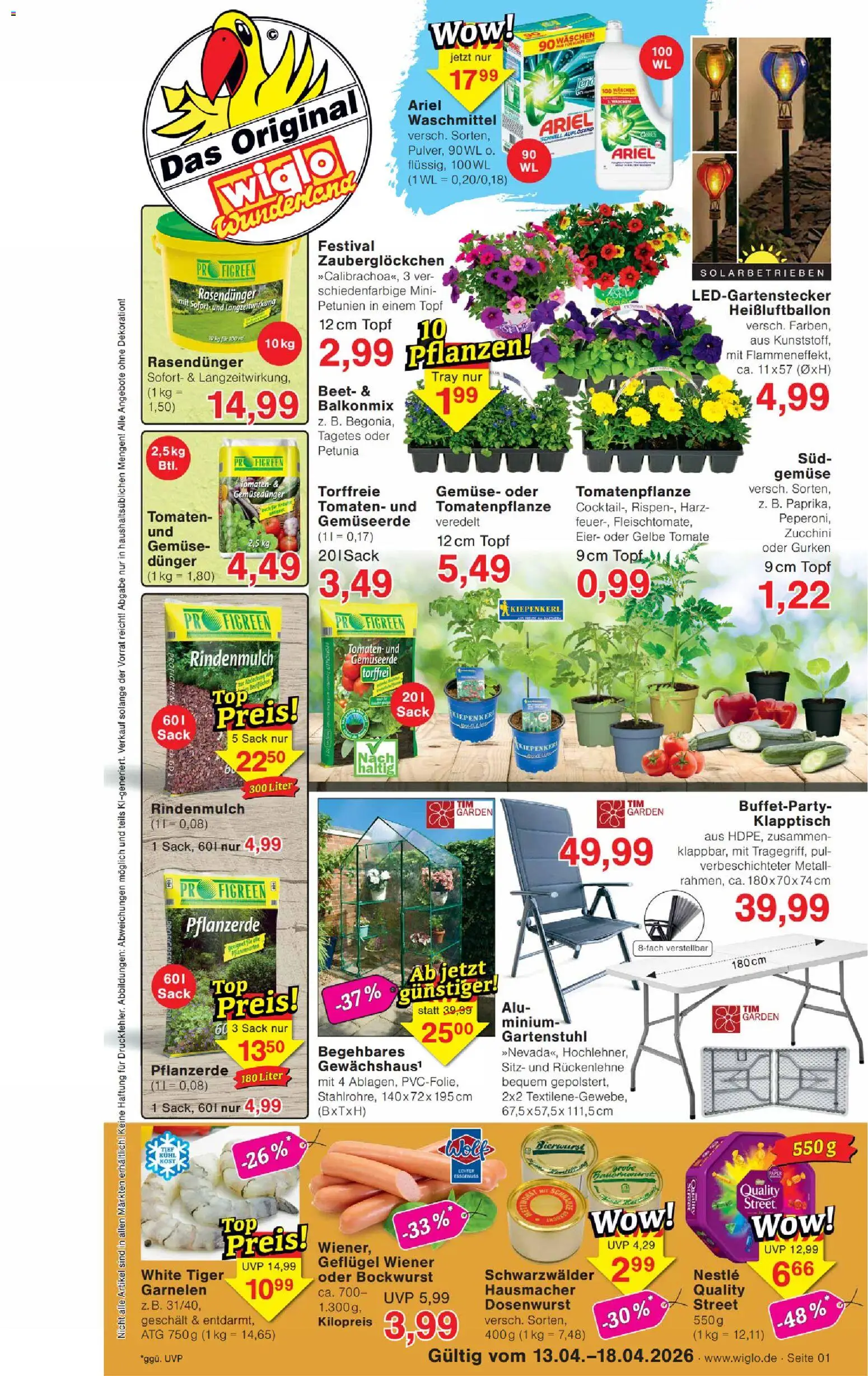 Wiglo Wunderland Prospekt – gültig ab 13.04.2026 | Seite: 1 | Produkte: Bockwurst, Tomaten, Zucchini, Gurken
