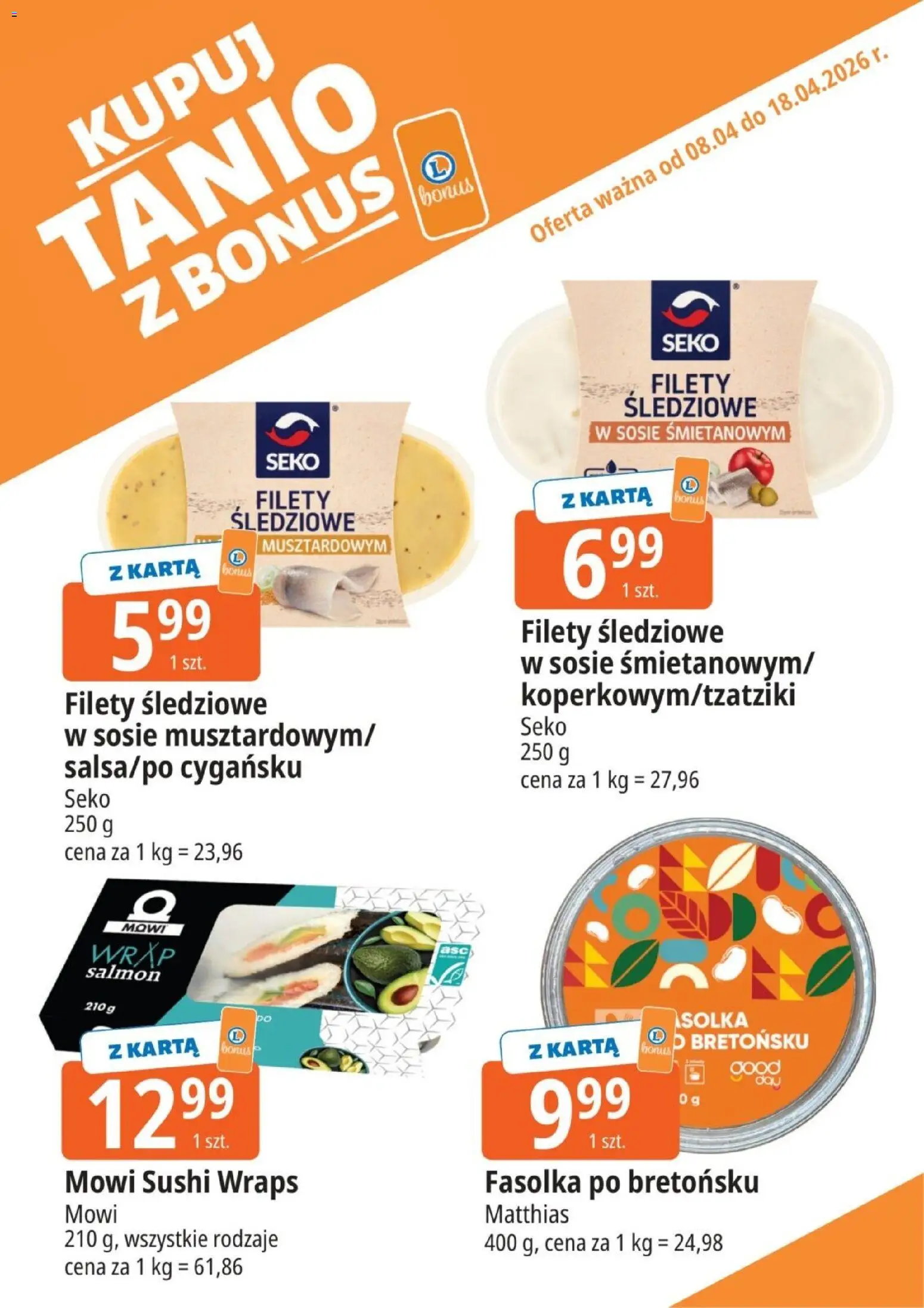 E.Leclerc gazetka - Kupony dodatkowe od 08.04.2026 | Strona: 8 | Produkty: Karta, Filety śledziowe w sosie śmietanowym, Sushi