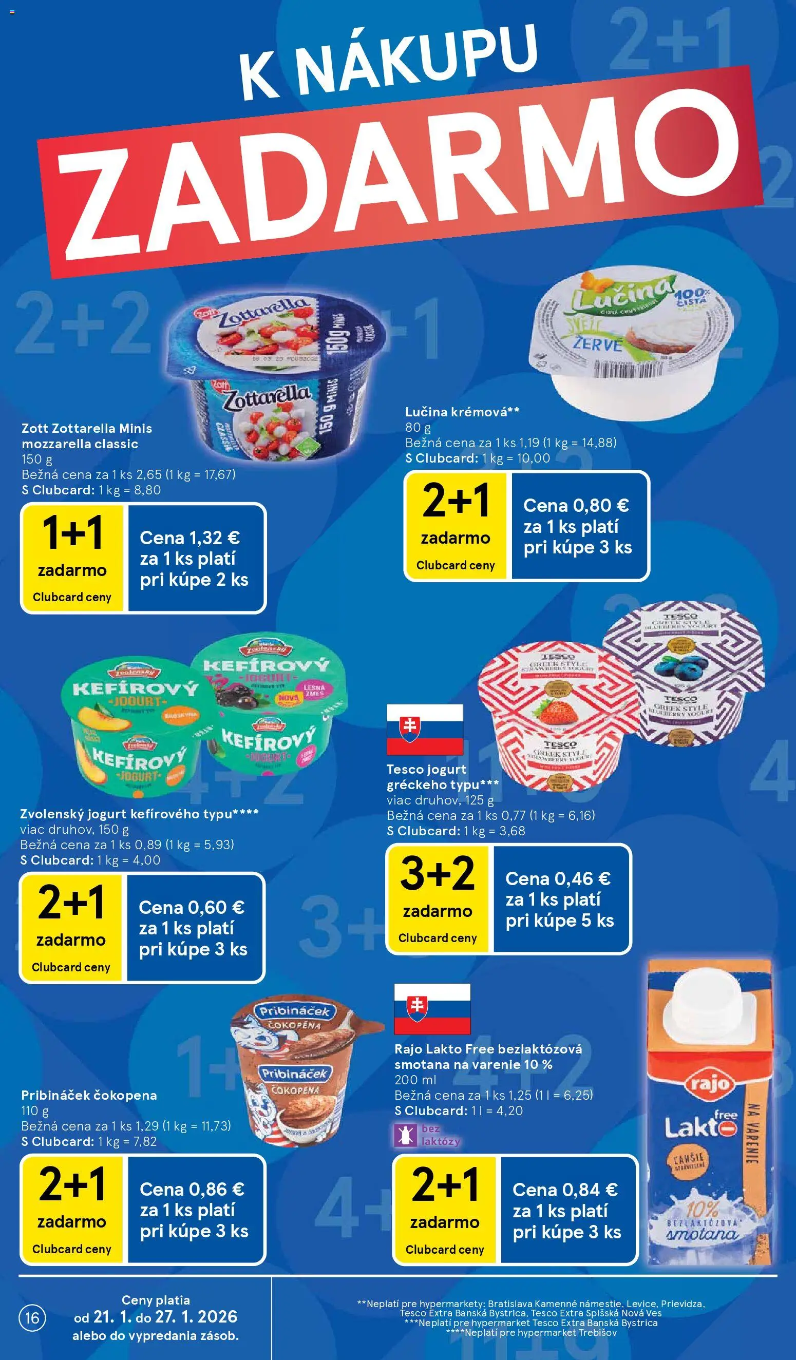 Nové Tesco akcie – leták je platný od 21.01.2026 | Strana: 16 | Produkty: Jogurt, Smotana, Mozzarella