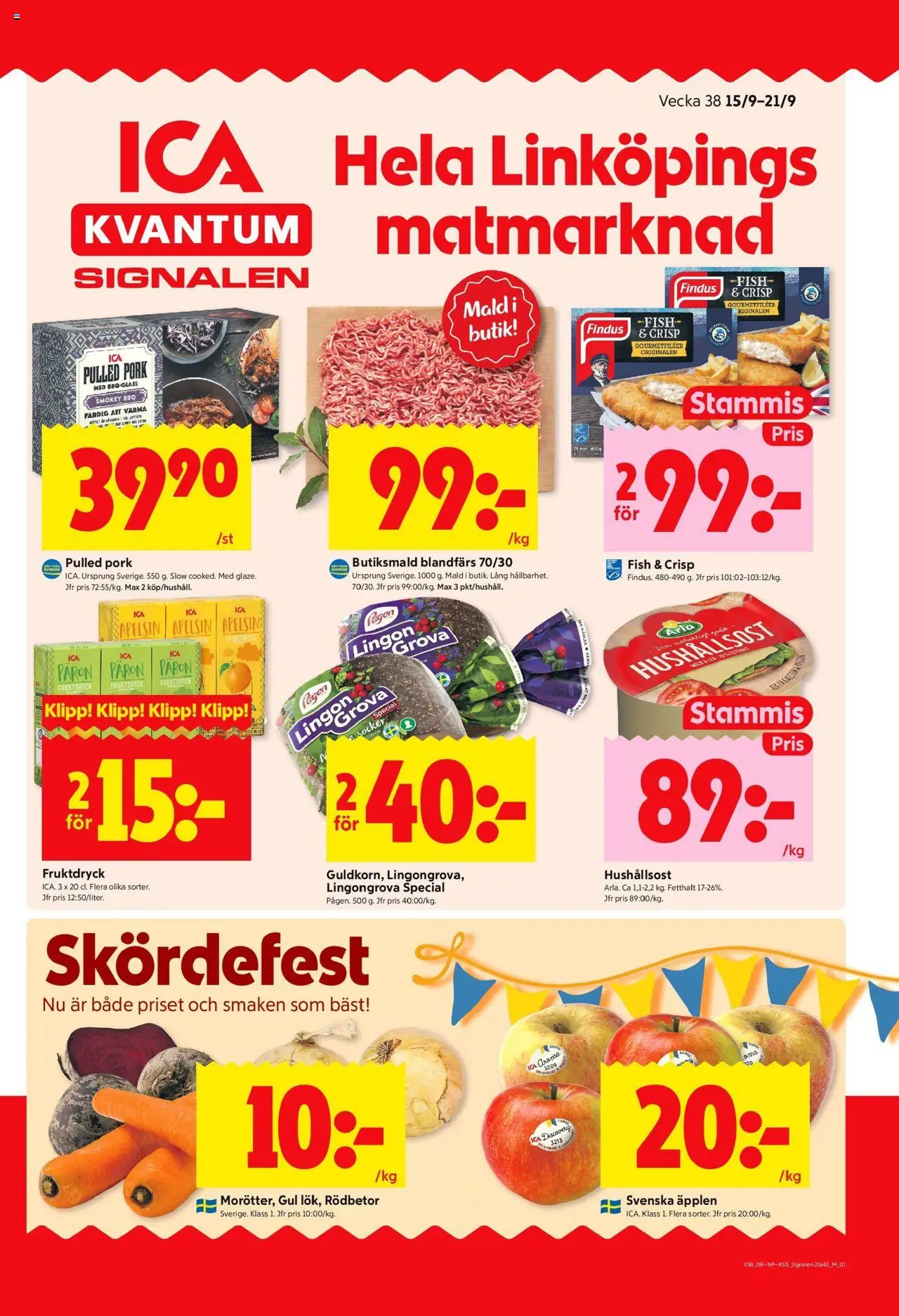 ICA Kvantum reklamblad aktuell från 15.09.2025 | Sida: 1 | Produkter: Lingongrova, Hushållsost, Äpplen, Apelsin