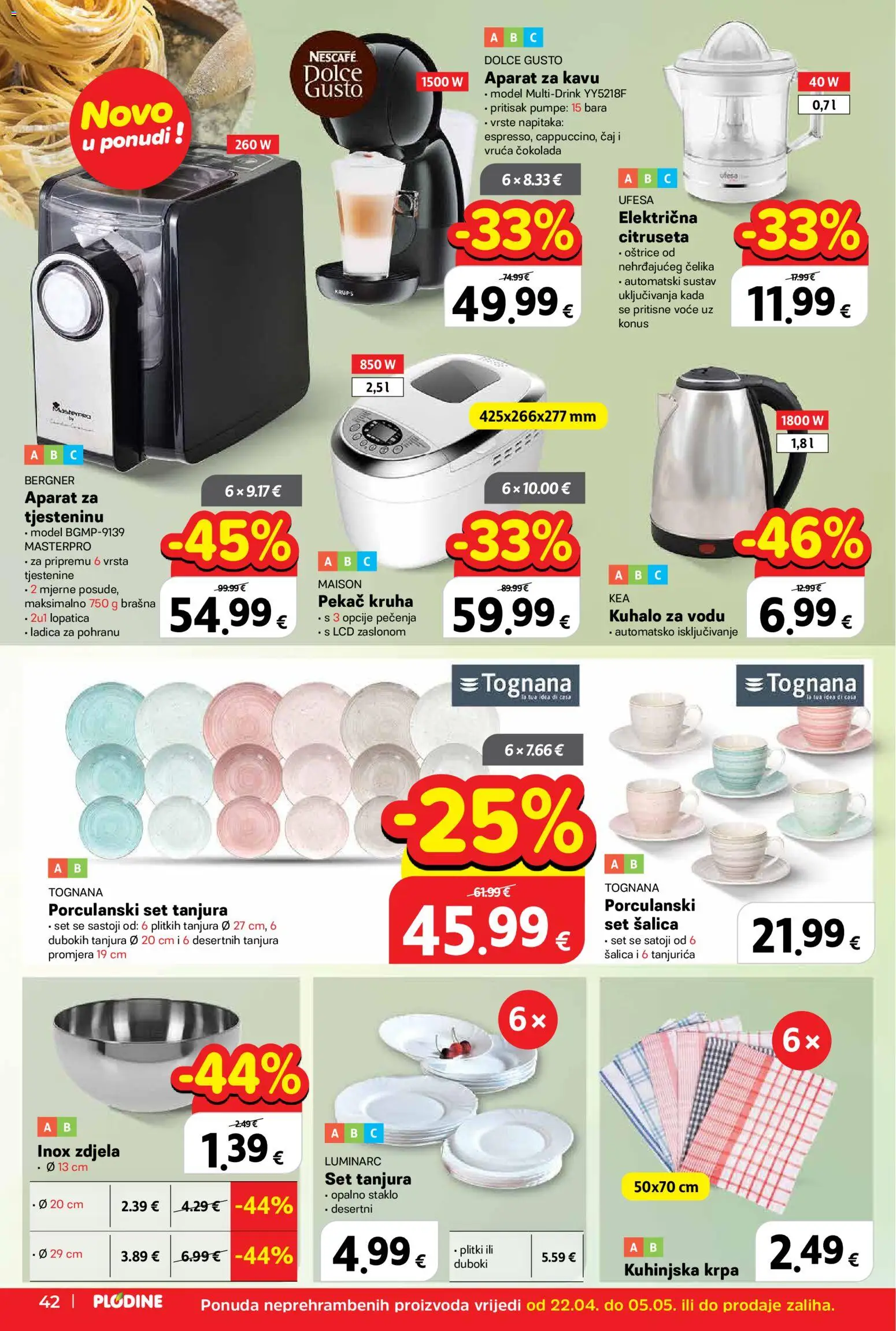 Plodine katalog | vrijedi od 22.04.2026 | Stranica: 42 | Proizvodi: Aparat za kavu, Kuhalo za vodu, Dolce Gusto, Čokolada