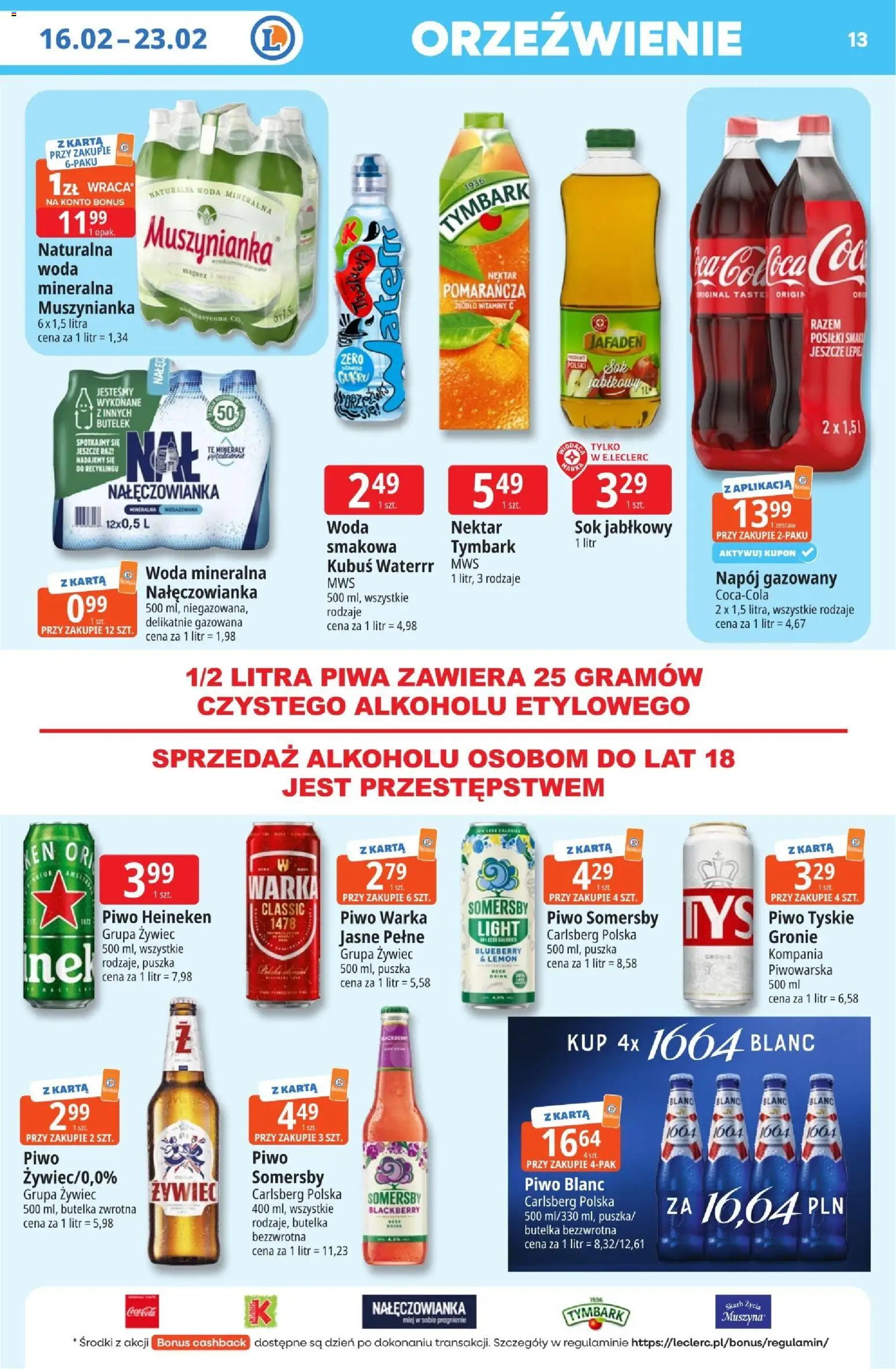 E.Leclerc Gazetka - Kłodzko od 16.02.2026 | Strona: 13 | Produkty: Piwo Somersby, Muszynianka, Warka, Piwo