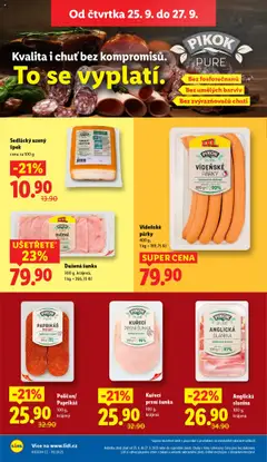 Vídeňské párky, 400 g, 1 kg = 199,75 Kč od 25.09.2025 | Strana: 16 | Produkty: Šunka, Vepřový bok, Slanina, Pikok