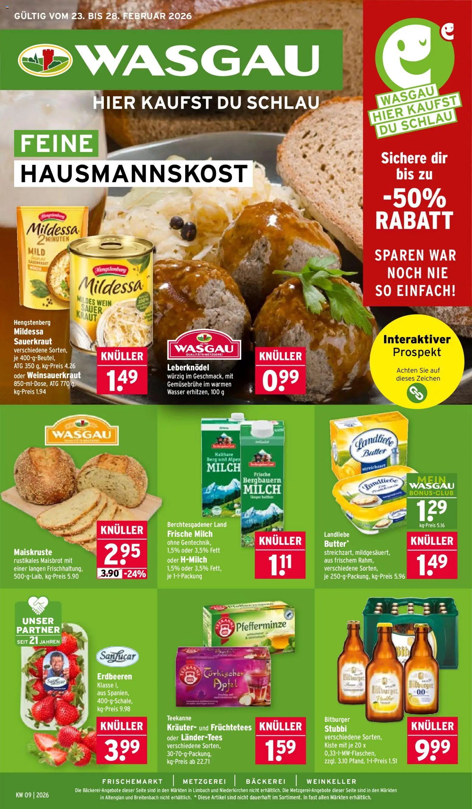 Wasgau Prospekt 	 – gültig ab 23.02.2026 | Seite: 1 | Produkte: Bäckerei, Butter, Kraut, Erdbeeren