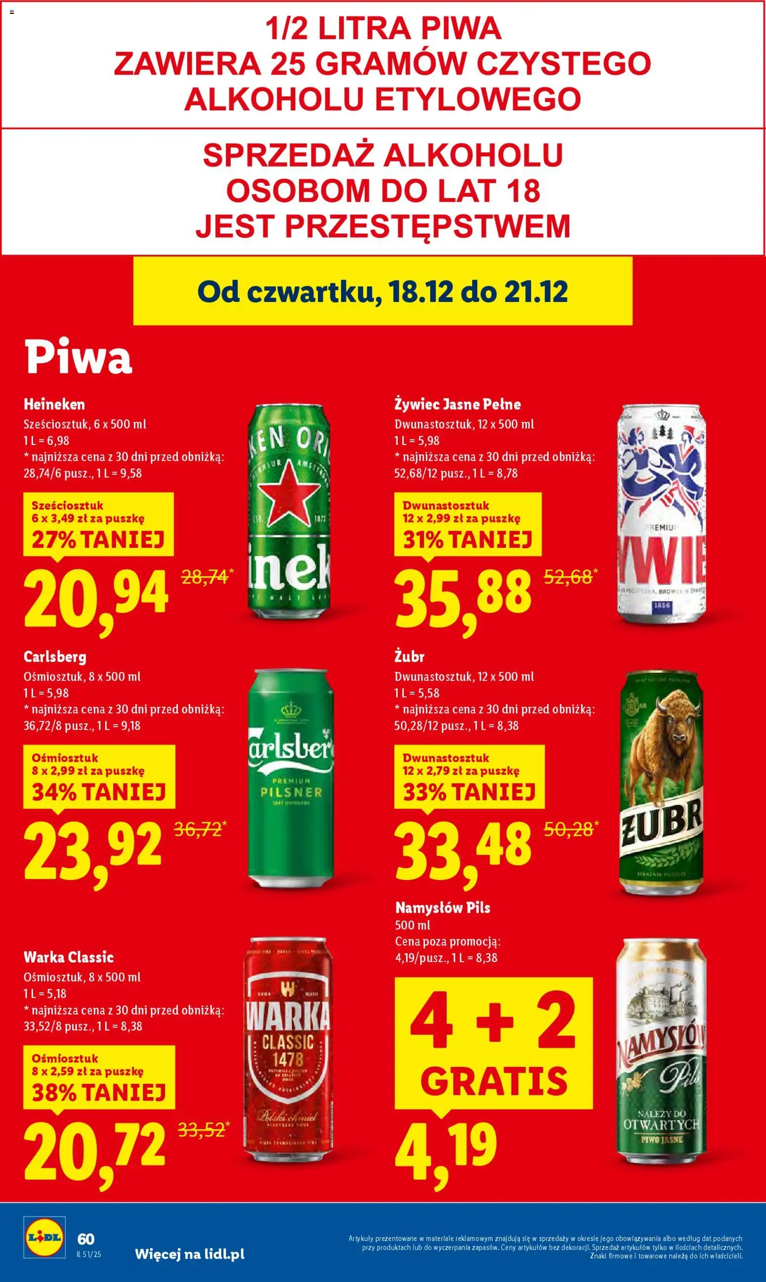 Lidl Gazetka od 18.12.2025 | Strona: 62 | Produkty: Warka, Piwo, Heineken