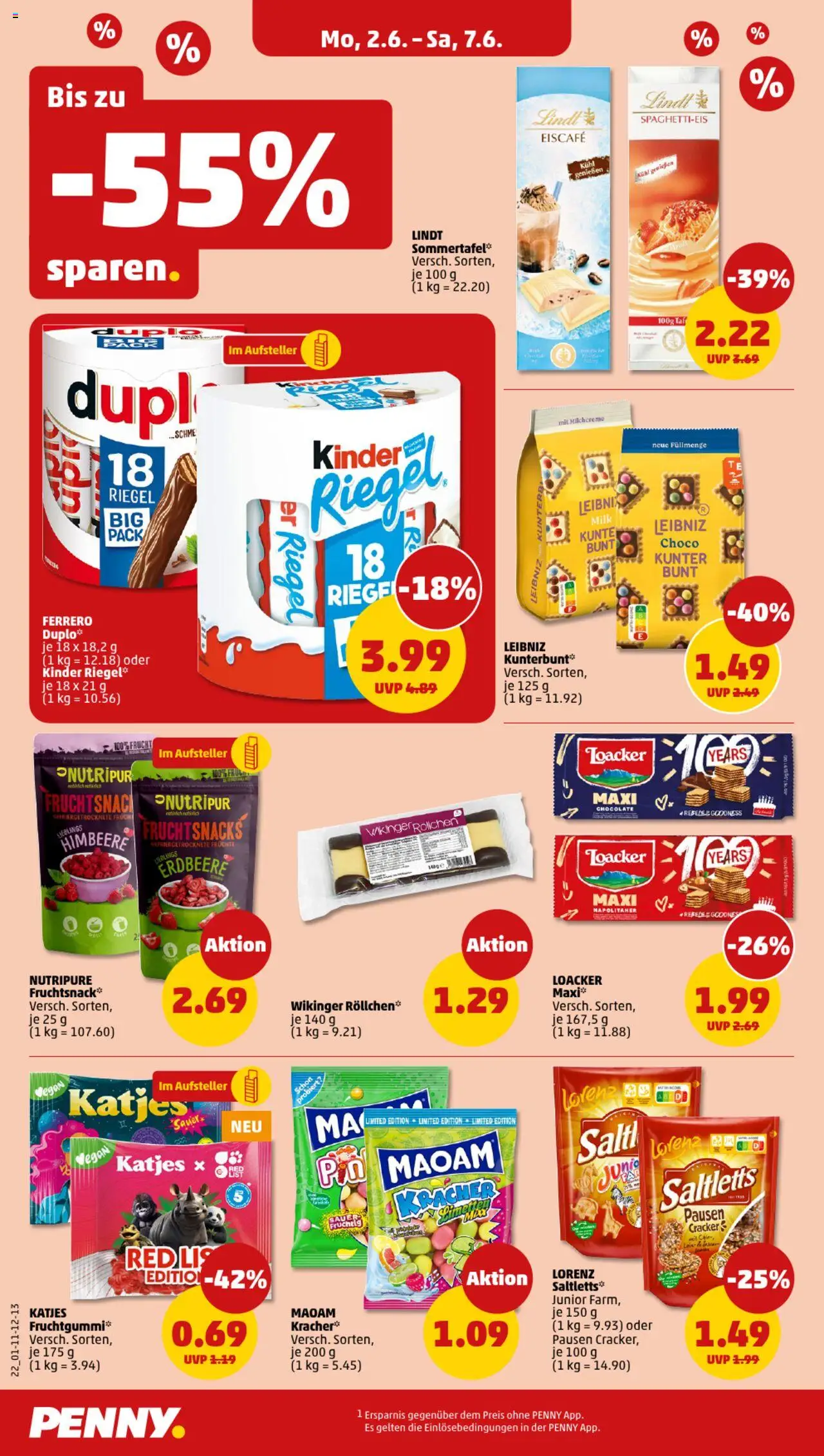 Penny Prospekt 	 - gültig ab dem 02.06.2025 | Seite: 22 | Produkte: Katjes, Kinder riegel, Himbeere, Lindt