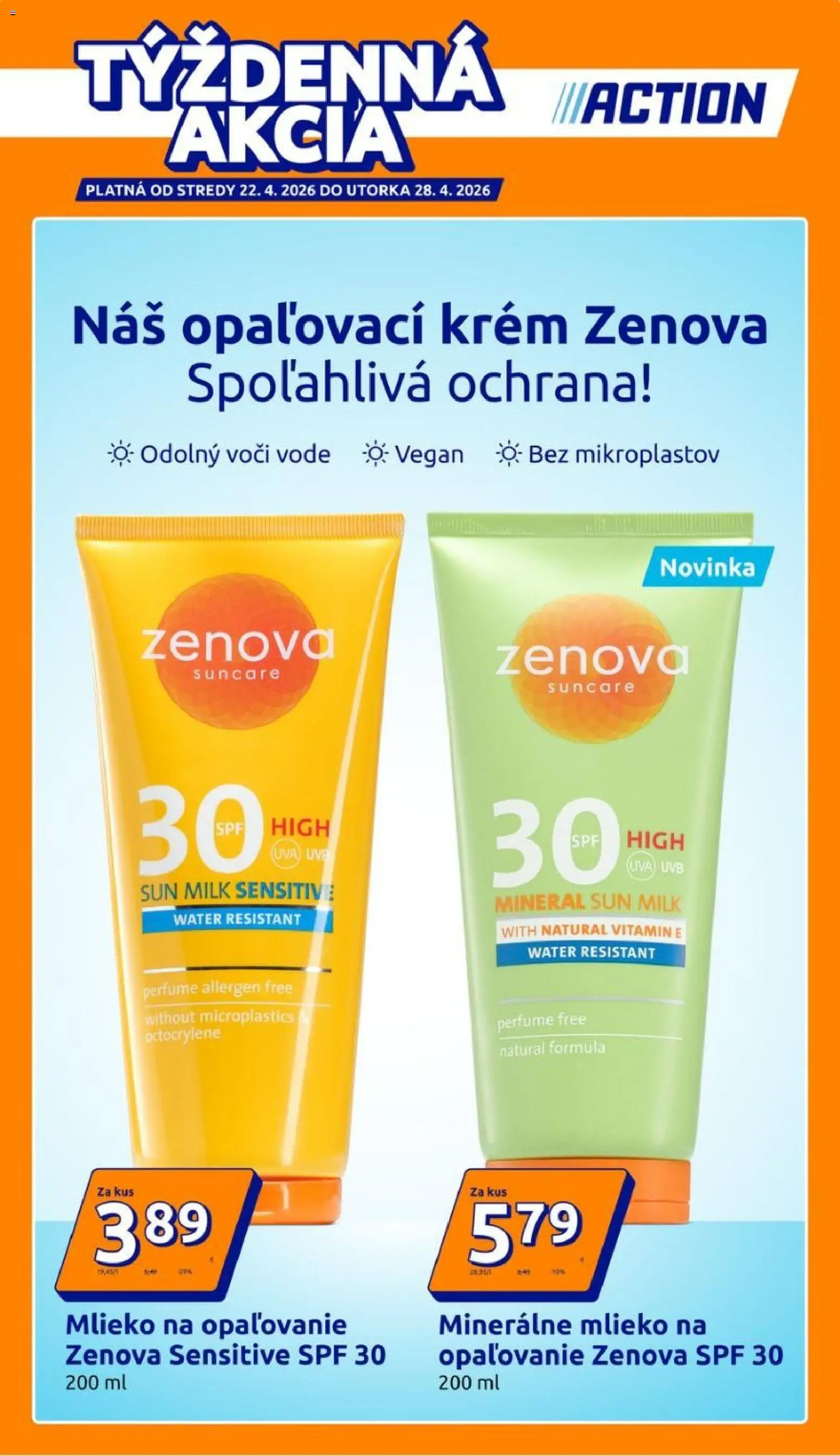 Nové Action akcie – leták je platný od 22.04.2026 | Strana: 1 | Produkty: Mlieko, Opaľovací krém, Krém