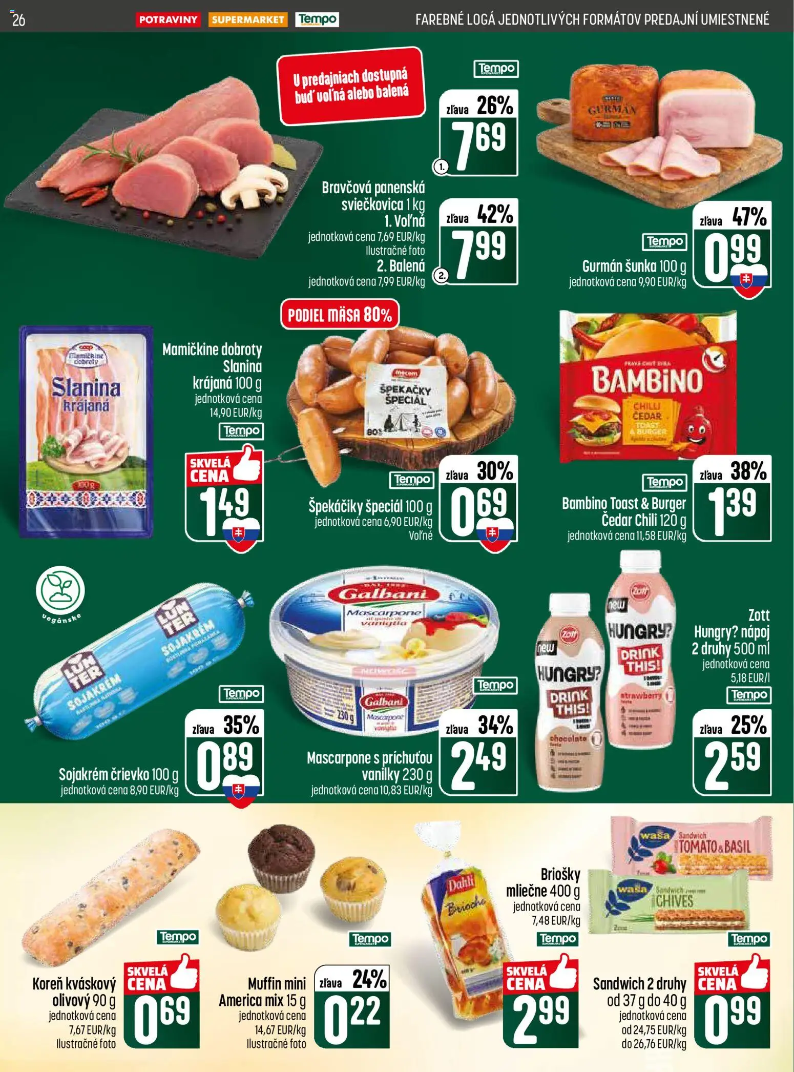 Nové COOP Jednota akcie – leták je platný od 23.04.2026 | Strana: 26 | Produkty: Šunka, Slanina, Chilli, Mascarpone