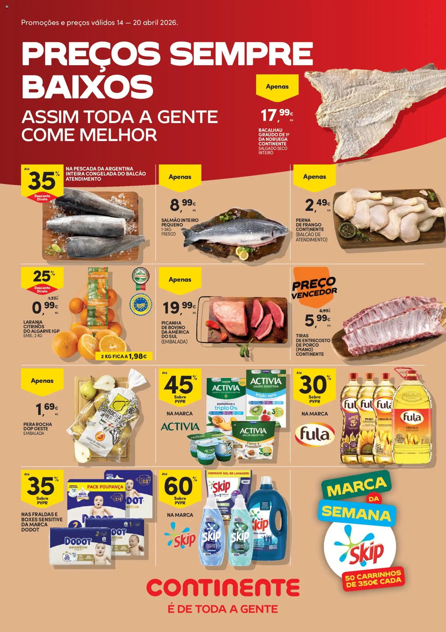 Continente folheto │ válido de 14.04.2026 | Página: 1 | Produtos: Fraldas, Pescada, Detergente, Salmão