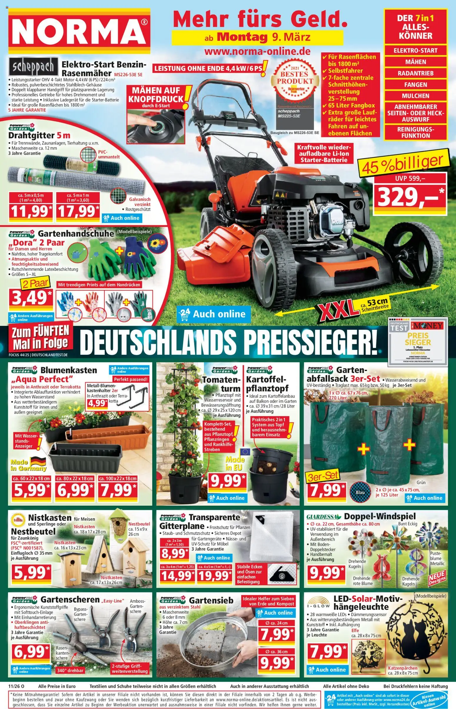 Norma Prospekt 	 – gültig ab 09.03.2026 | Seite: 1 | Produkte: Rasenmäher, Tomaten, Wasser, Ladegerät