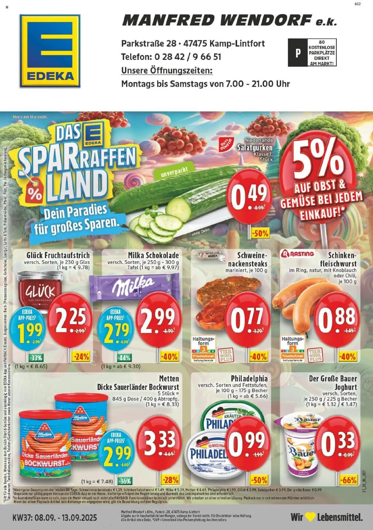 Edeka prospekt Kamp-Lintfort	 – gültig ab 07.09.2025 | Seite: 1 | Produkte: Dicke sauerlander bockwurst, Milka schokolade, Milka, Uhr