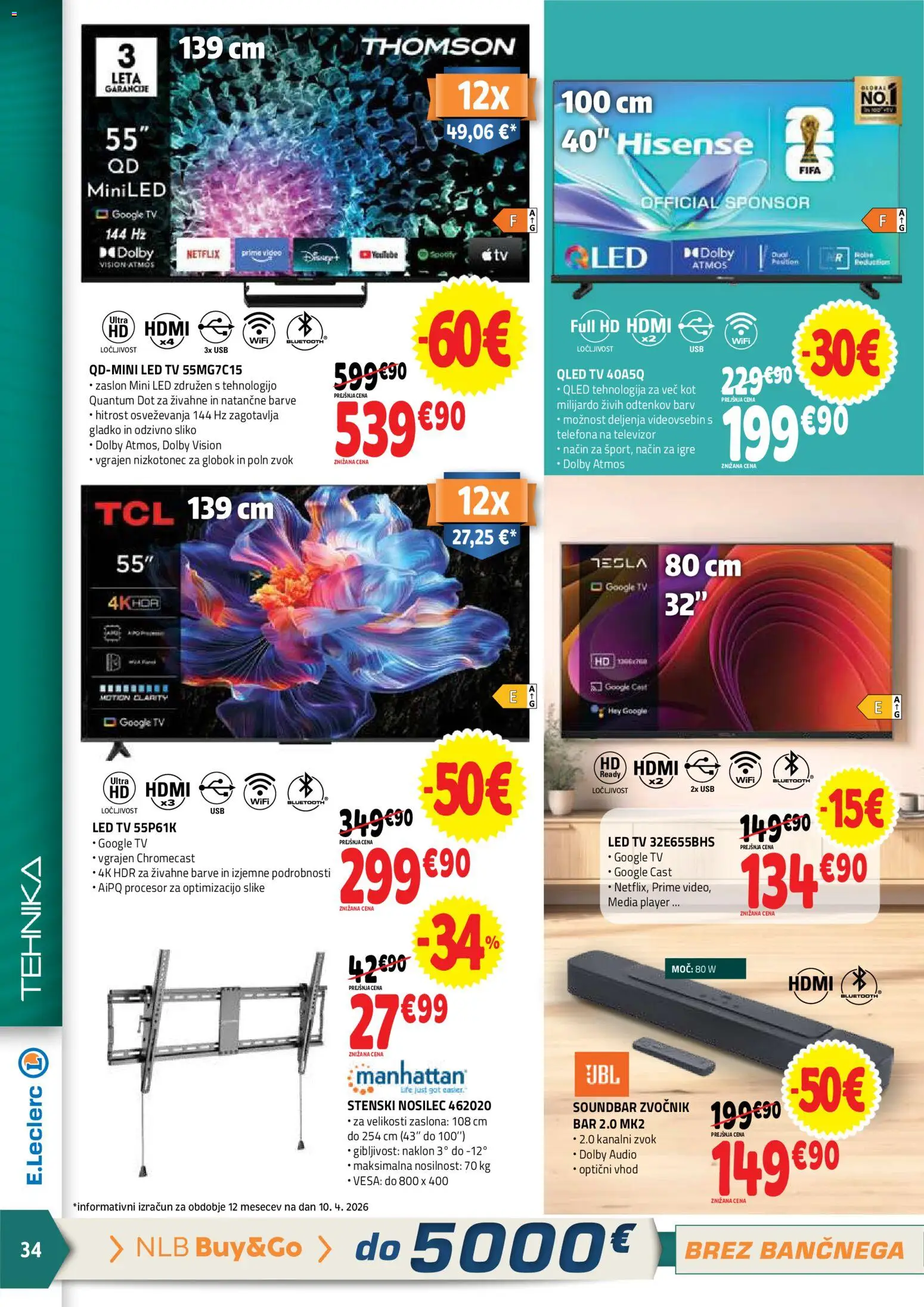 Novi E.leclerc katalog ponudbe – veljaven od 22.04.2026 | Stran: 34 | Izdelki: Televizor, Tv, Zvocnik, Usb