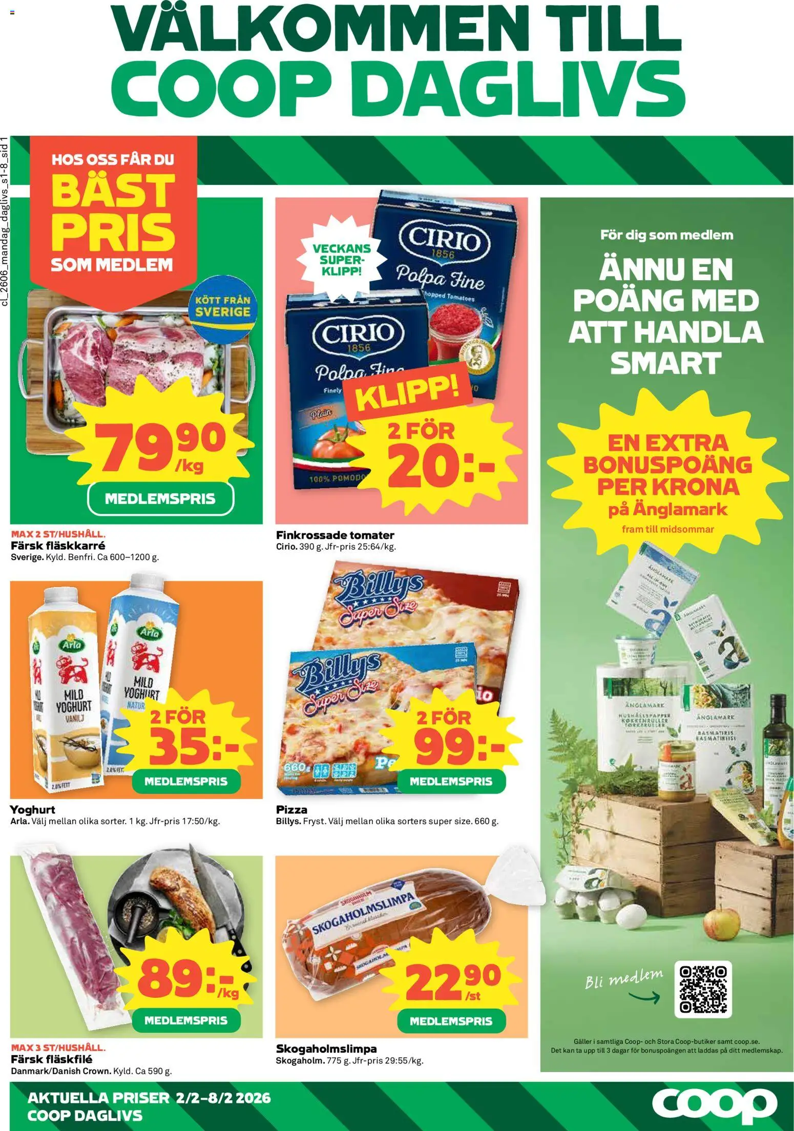 Coop Daglivs reklamblad aktuell från 02.02.2026 | Sida: 1 | Produkter: Galler, Yoghurt, Pizza, Tomater