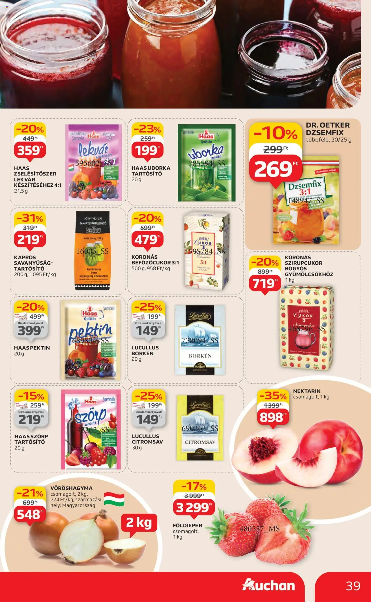 Auchan akciós ujság - amely érvényes a következő dátumtól: 26.06.2025 | Oldal: 39 | Termékek: Vöröshagyma, Lekvár, Befőzőcukor, Uborka
