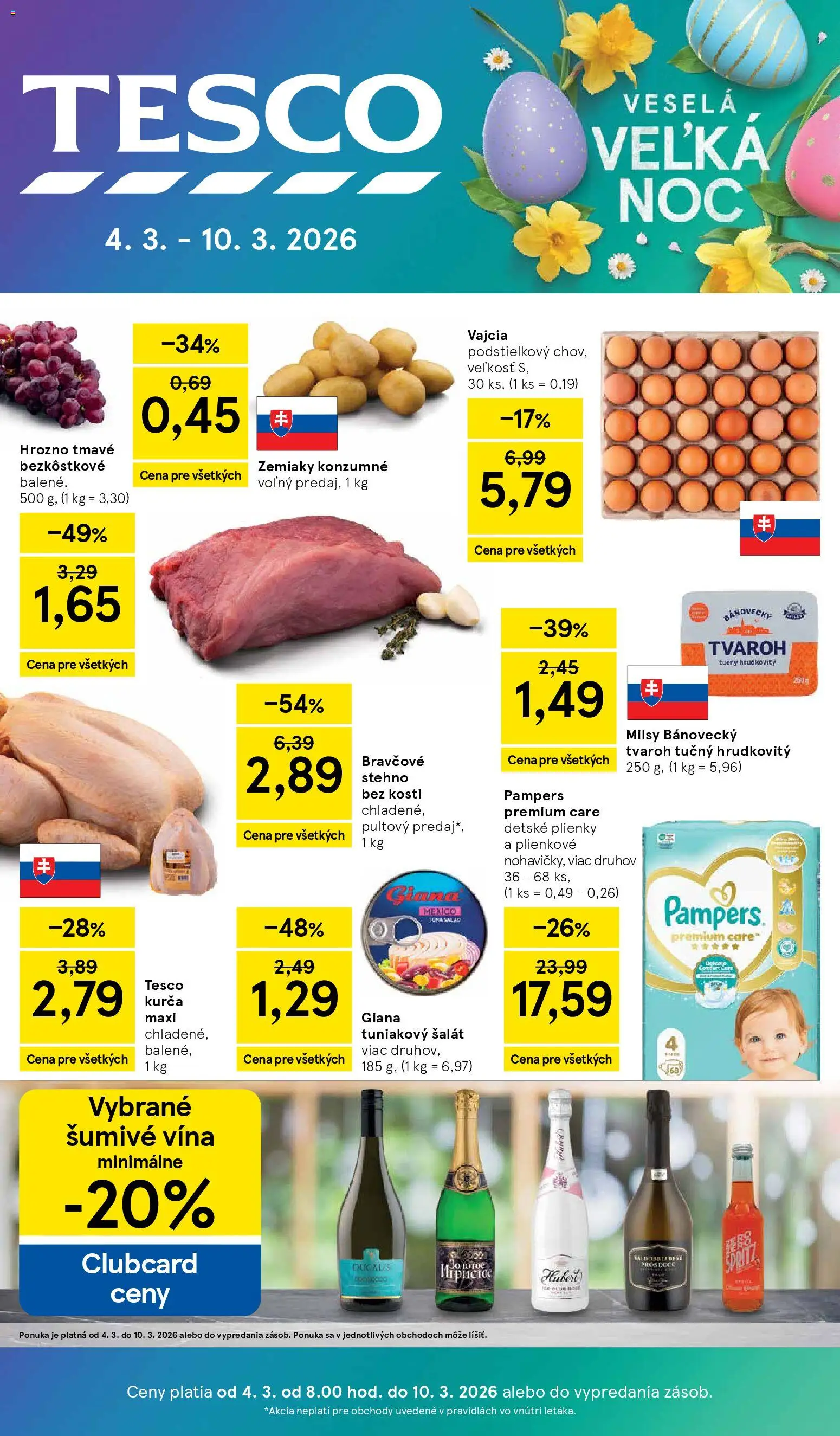 Nové Tesco akcie – leták je platný od 04.03.2026 | Strana: 1 | Produkty: Vajcia, Bravčové stehno, Tvaroh, Zemiaky