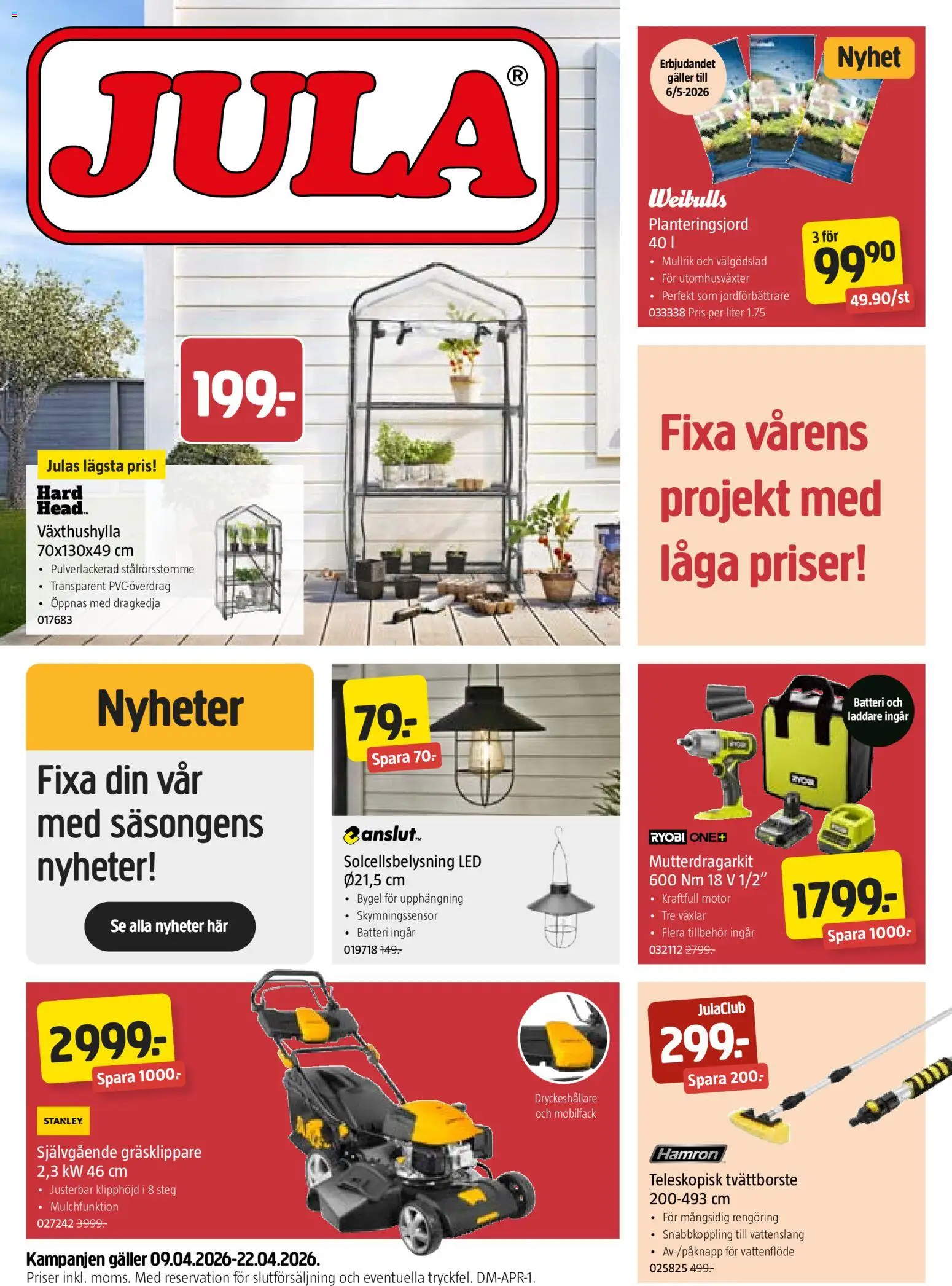 Jula reklamblad aktuell från 09.04.2026 | Sida: 1 | Produkter: Solcellsbelysning, Gräsklippare, Batteri, Laddare