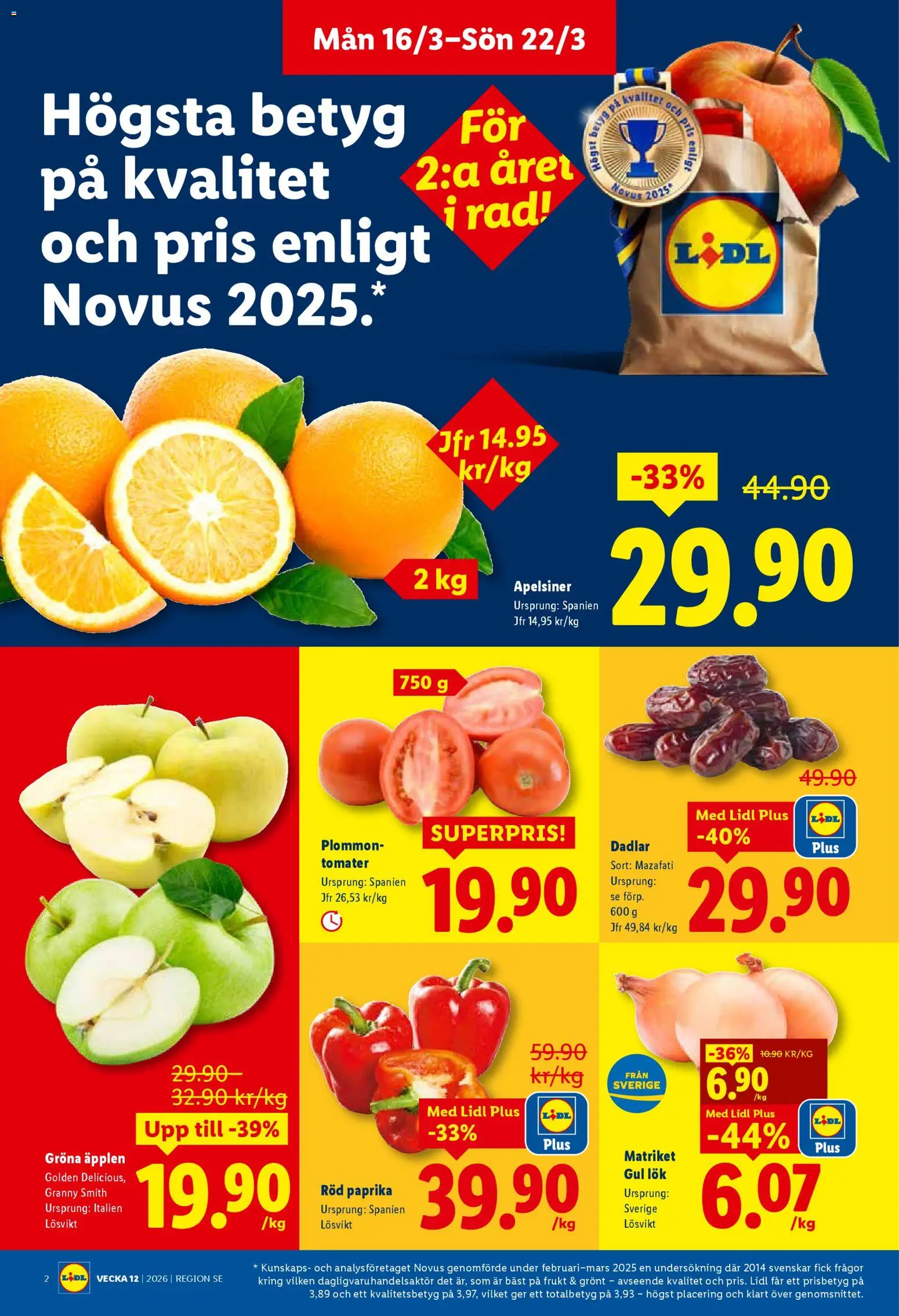 Lidl reklamblad aktuell från 16.03.2026 | Sida: 2 | Produkter: Plommon, Äpplen, Apelsiner, Röd paprika