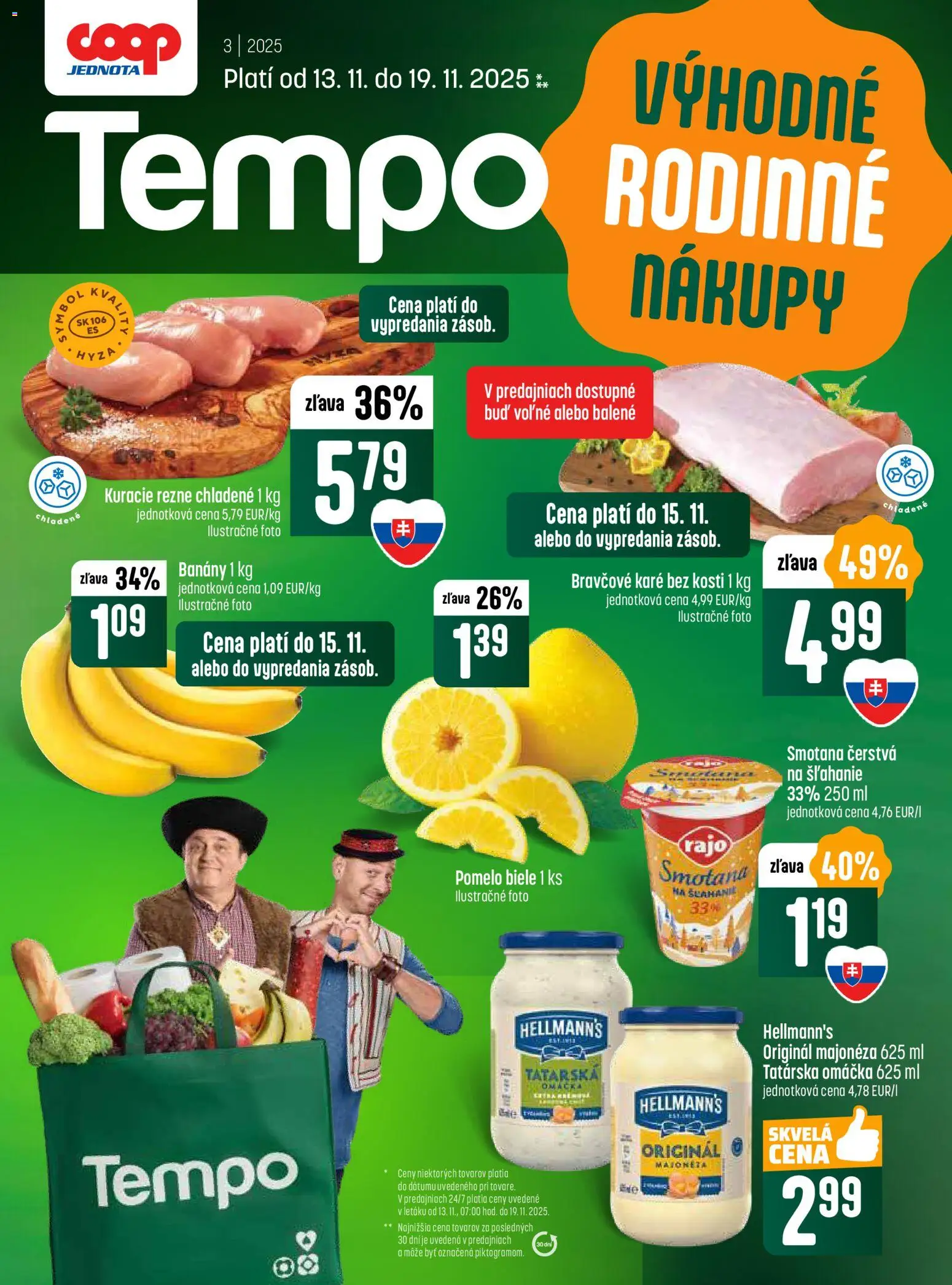 Nové COOP Jednota akcie – leták je platný od 13.11.2025 | Strana: 1 | Produkty: Banány, Smotana, Tatárska omáčka, Pomelo