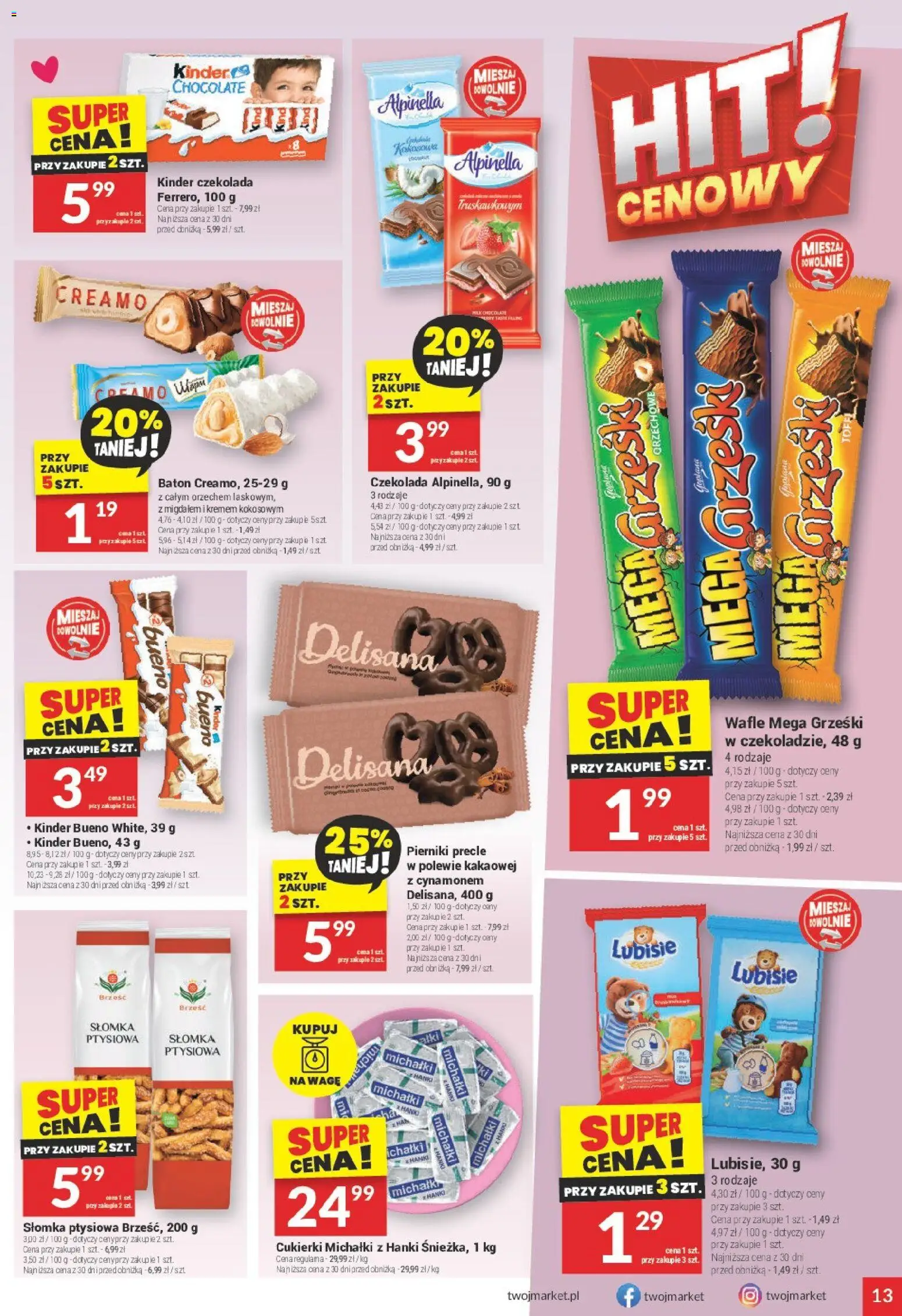Twój Market Gazetka od 14.01.2026 | Strona: 13 | Produkty: Pierniki, Wafle, Kinder Bueno, Czekolada