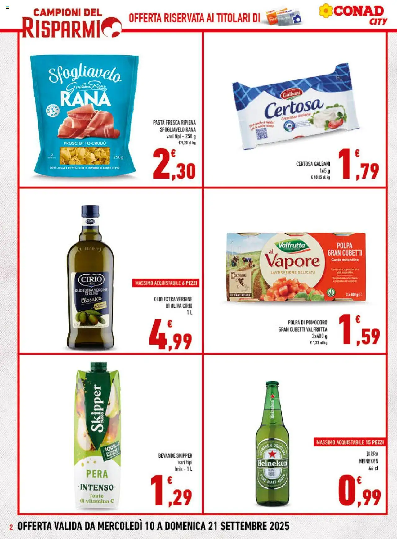 Volantino Conad del 10.09.2025 | Pagina: 2 | Prodotti: Pomodoro, Olio, Olive, Pera
