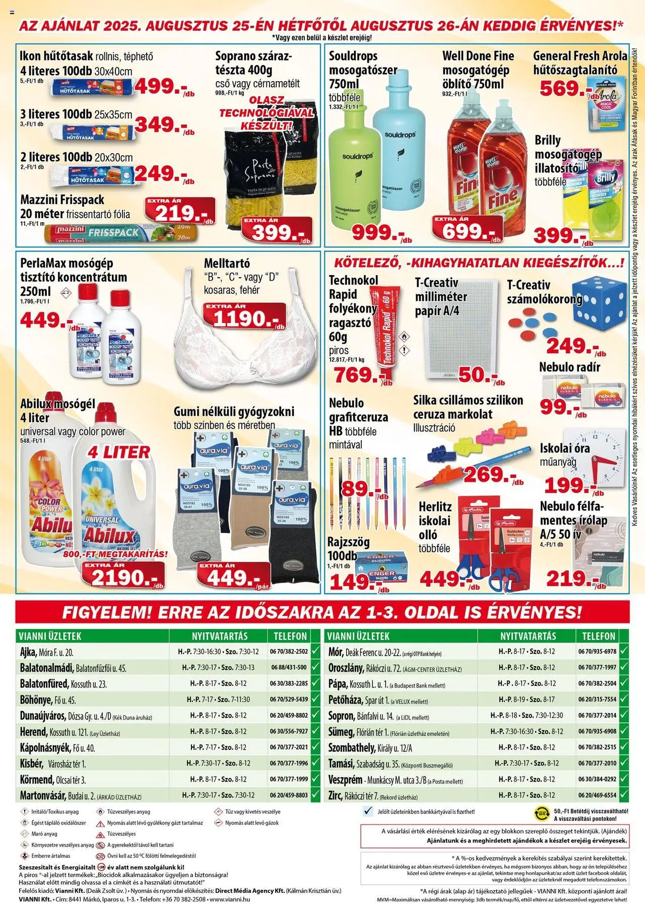 Vianni akciós ujság - amely érvényes a következő dátumtól: 13.08.2025 | Oldal: 4 | Termékek: Mosógép, Öblítő, Óra, Mosogatószer