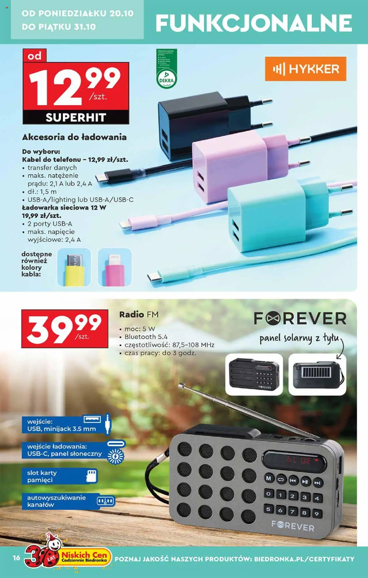 Biedronka gazetka - Hity i inspiracje od 20.10.2025 | Strona: 16 | Produkty: Radio, Kabel, Ładowarka