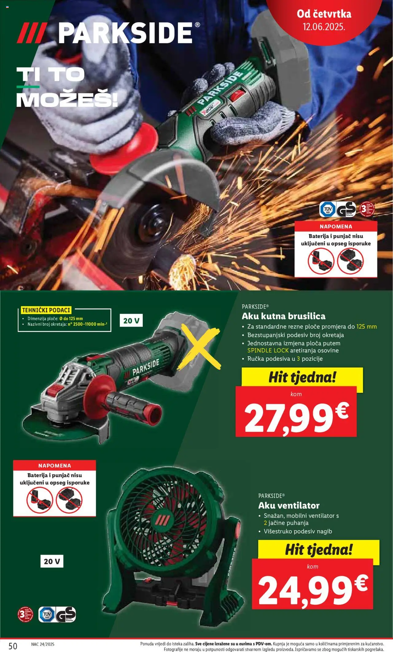 Lidl katalog | vrijedi od 09.06.2025 | Stranica: 50 | Proizvodi: Ventilator, Brusilica, Baterija, Parkside