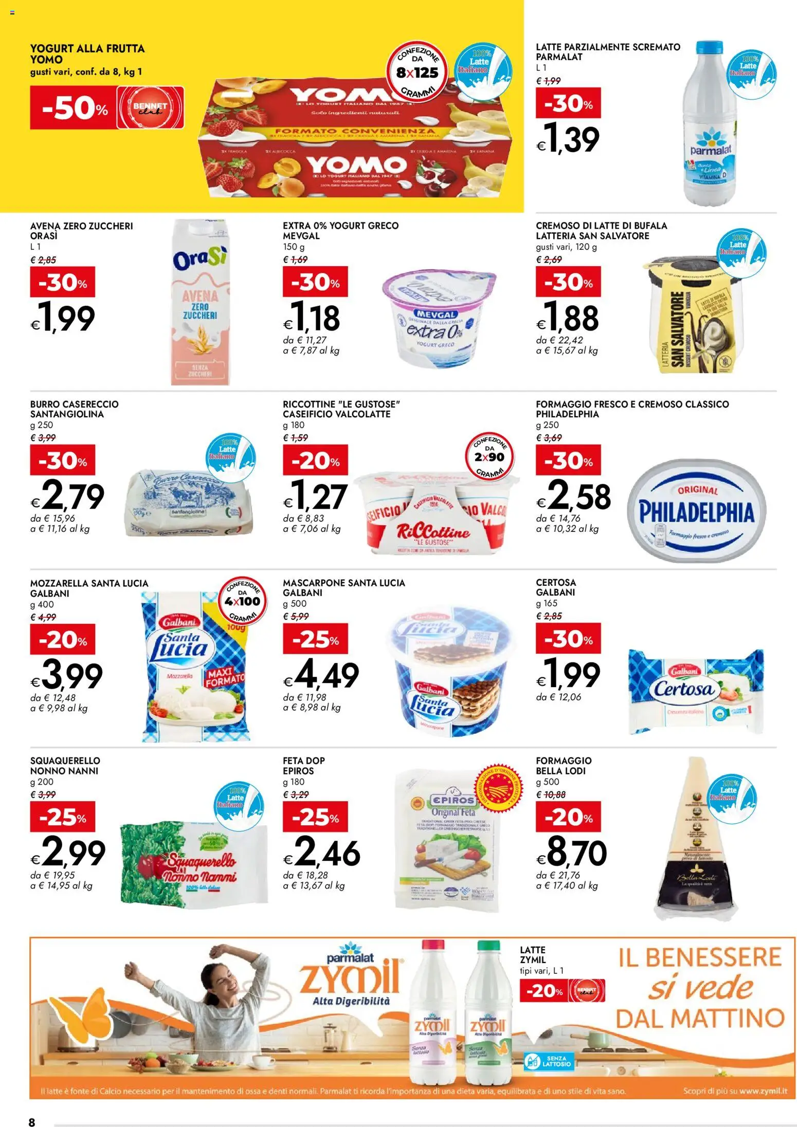 Volantino bennet del 15.01.2026 | Pagina: 8 | Prodotti: Yogurt greco, Mozzarella, Latte parzialmente scremato, Mascarpone
