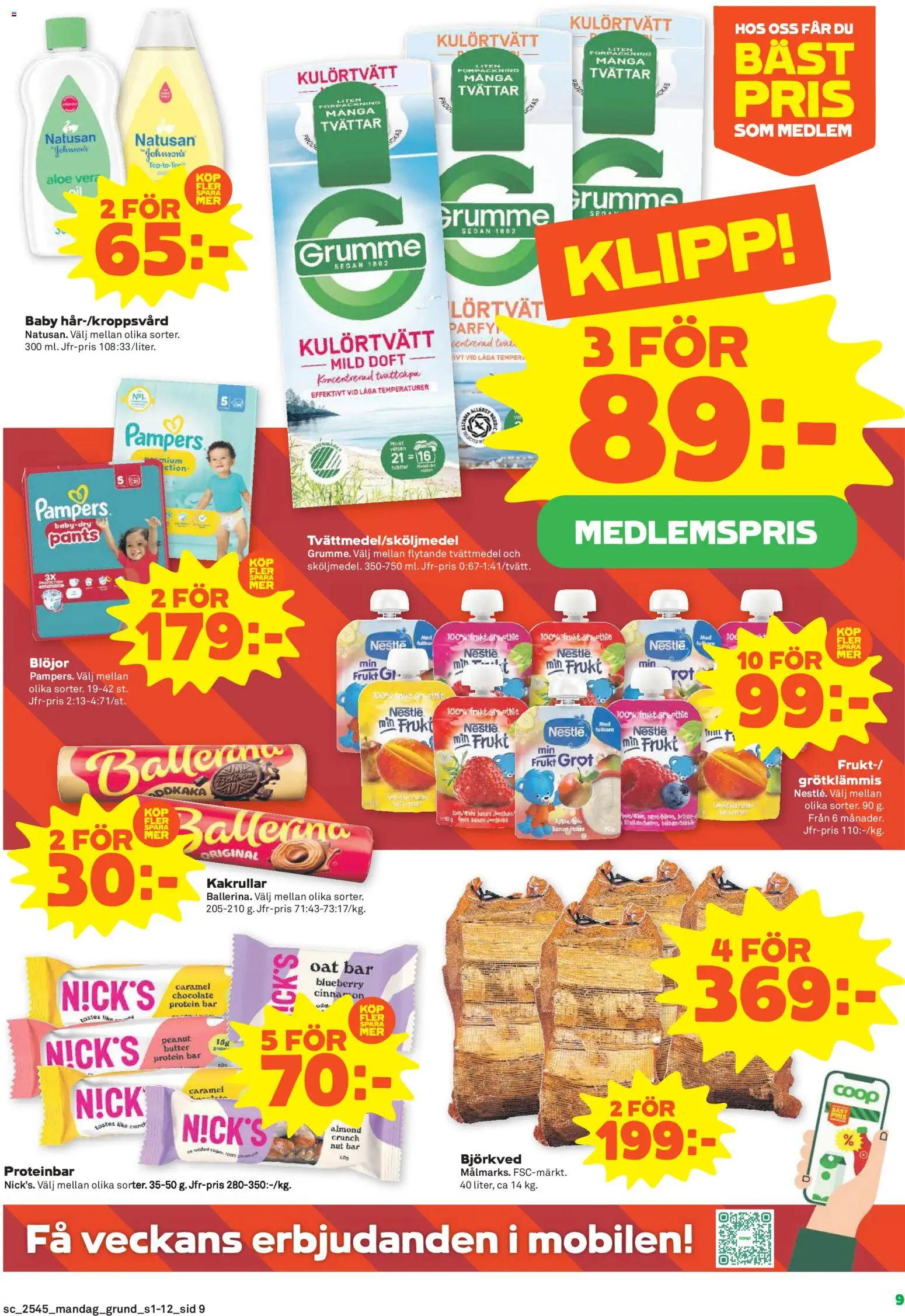 Stora Coop reklamblad aktuell från 03.11.2025 | Sida: 9 | Produkter: Doft, Ballerina, Proteinbar, Blöjor