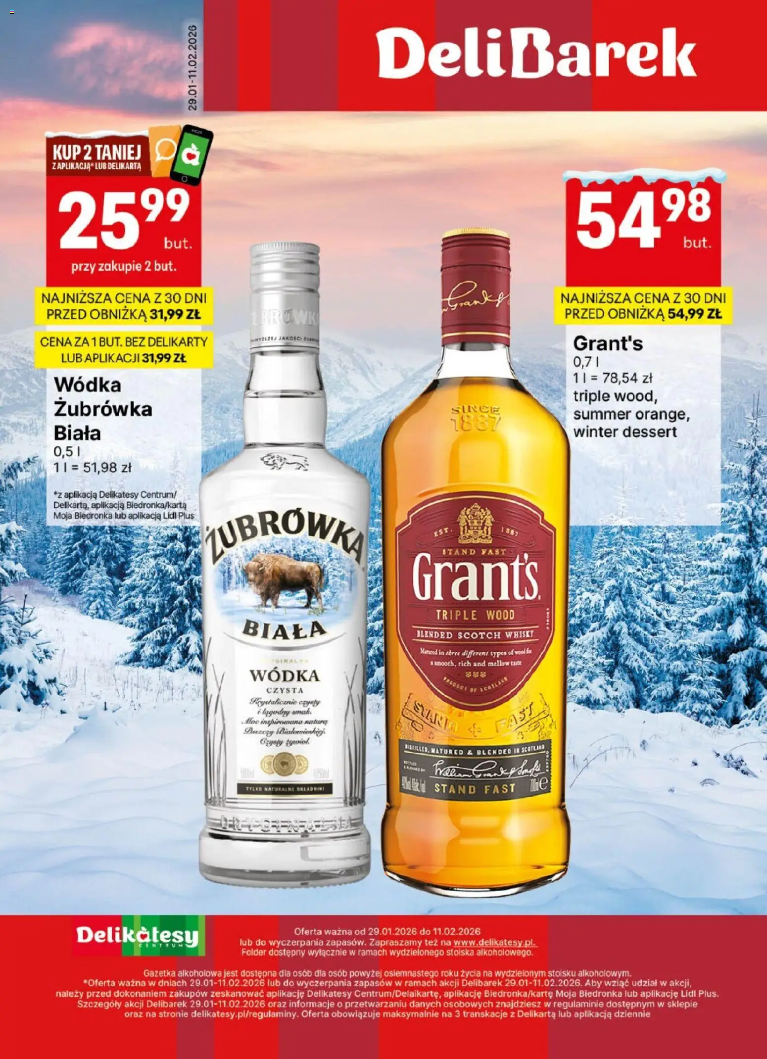 Delikatesy Centrum Gazetka - DeliBarek od 29.01.2026 | Strona: 1 | Produkty: Grant's, Delikatesy, Żubrówka, Wódka