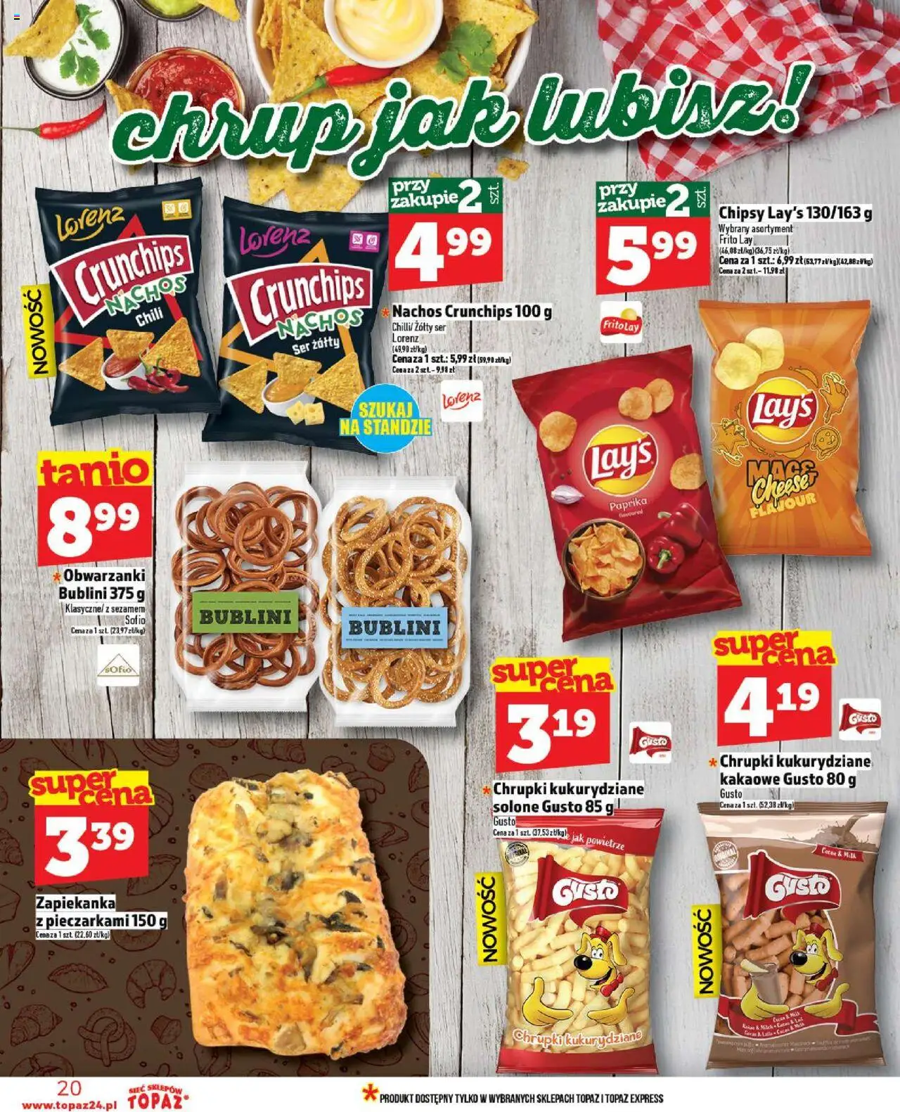 Topaz Gazetka od 18.09.2025 | Strona: 20 | Produkty: Ser żółty, Chipsy, Chrupki, Zapiekanka