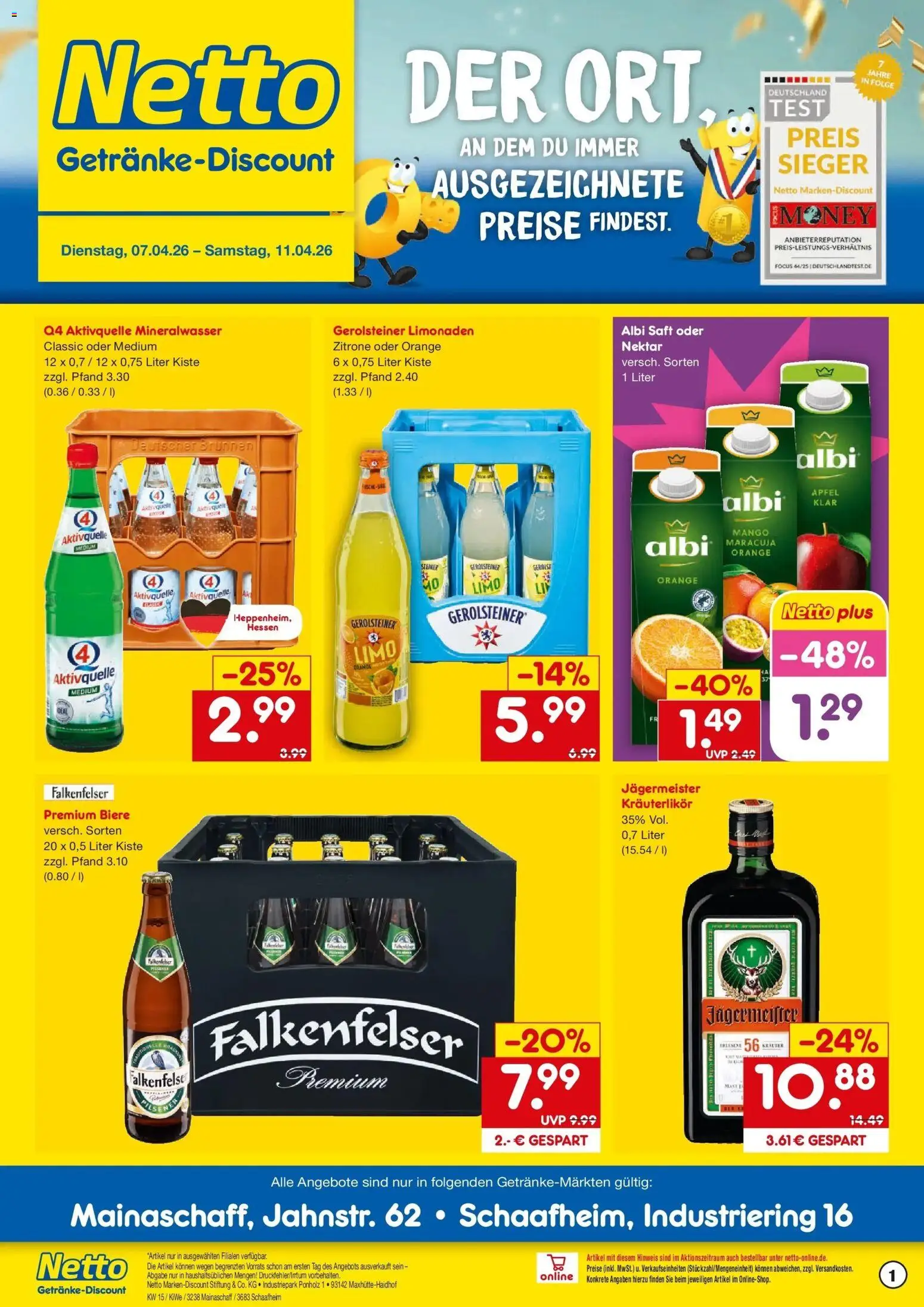 Netto Marken-Discount Prospekt Mainaschaff	 – gültig ab 07.04.2026 | Seite: 1 | Produkte: Mineralwasser, Jägermeister, Mango, Gerolsteiner